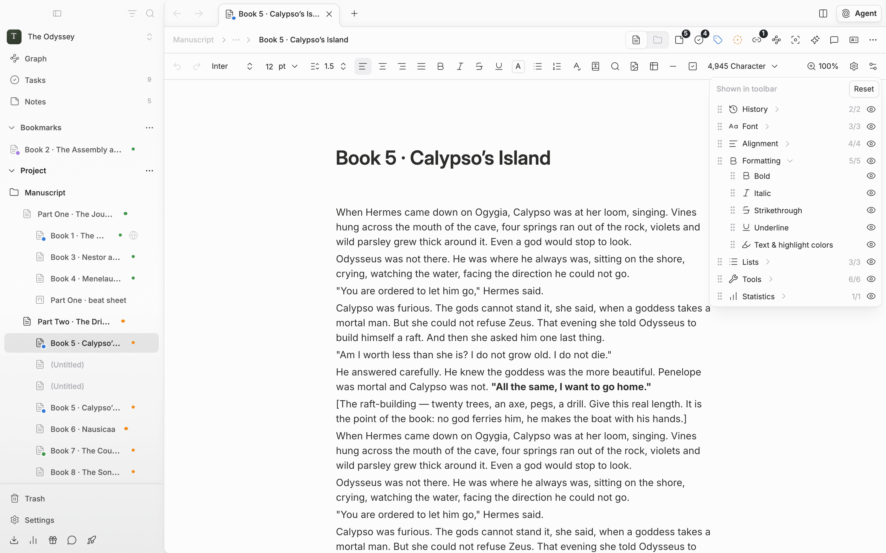 The popover opened from the slider-shaped button at the far right of the toolbar (Customize Toolbar). All seven groups are visible, one of them expanded to show the per-item eye icons, with at least one “Hidden from toolbar” section below.