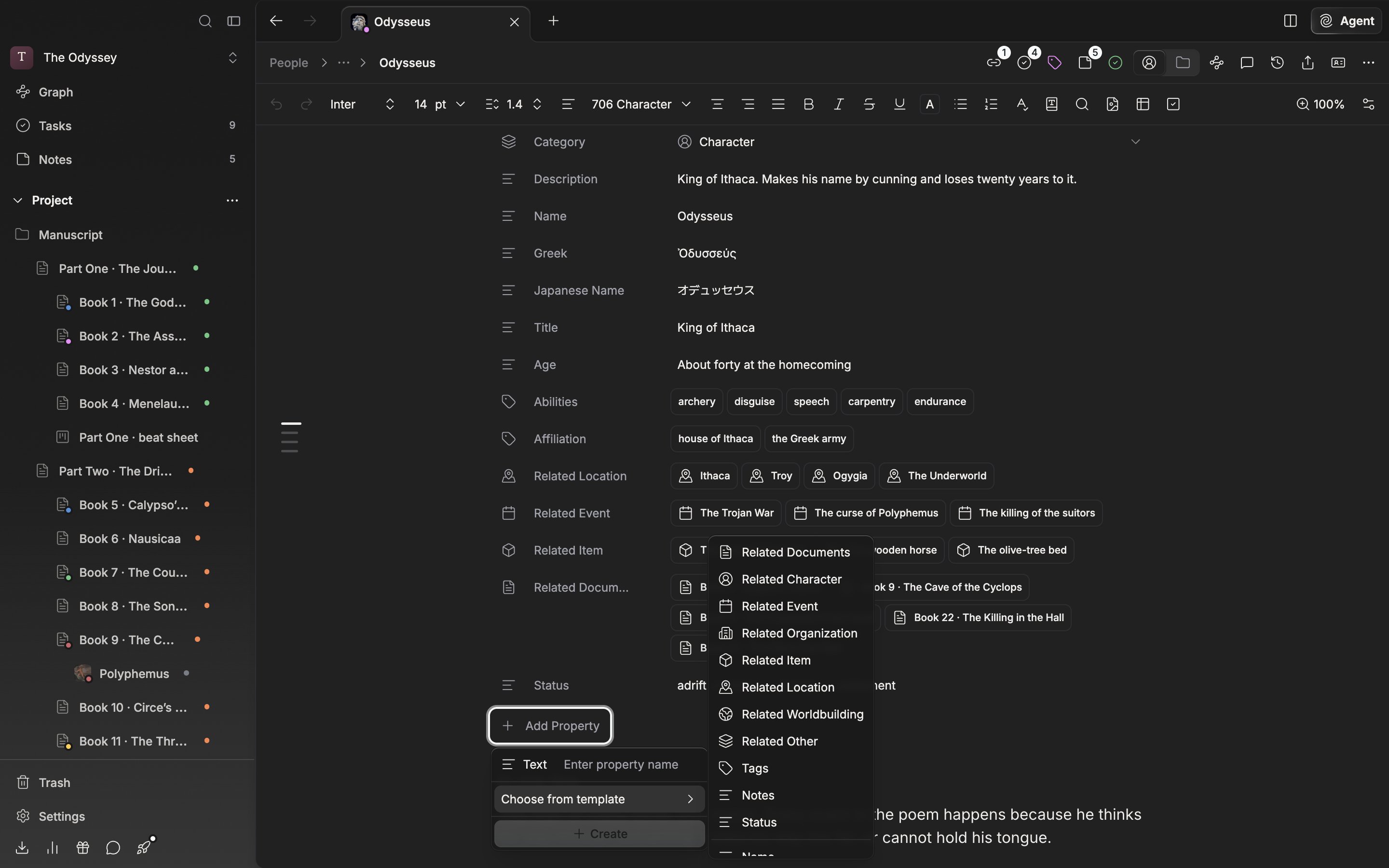 Inside “Add Property”, the “Choose from template” submenu is expanded, showing Related Documents, Related Character, Tags, Notes, and Status, with Name, English Name, Hanja Name, and the rest below them.