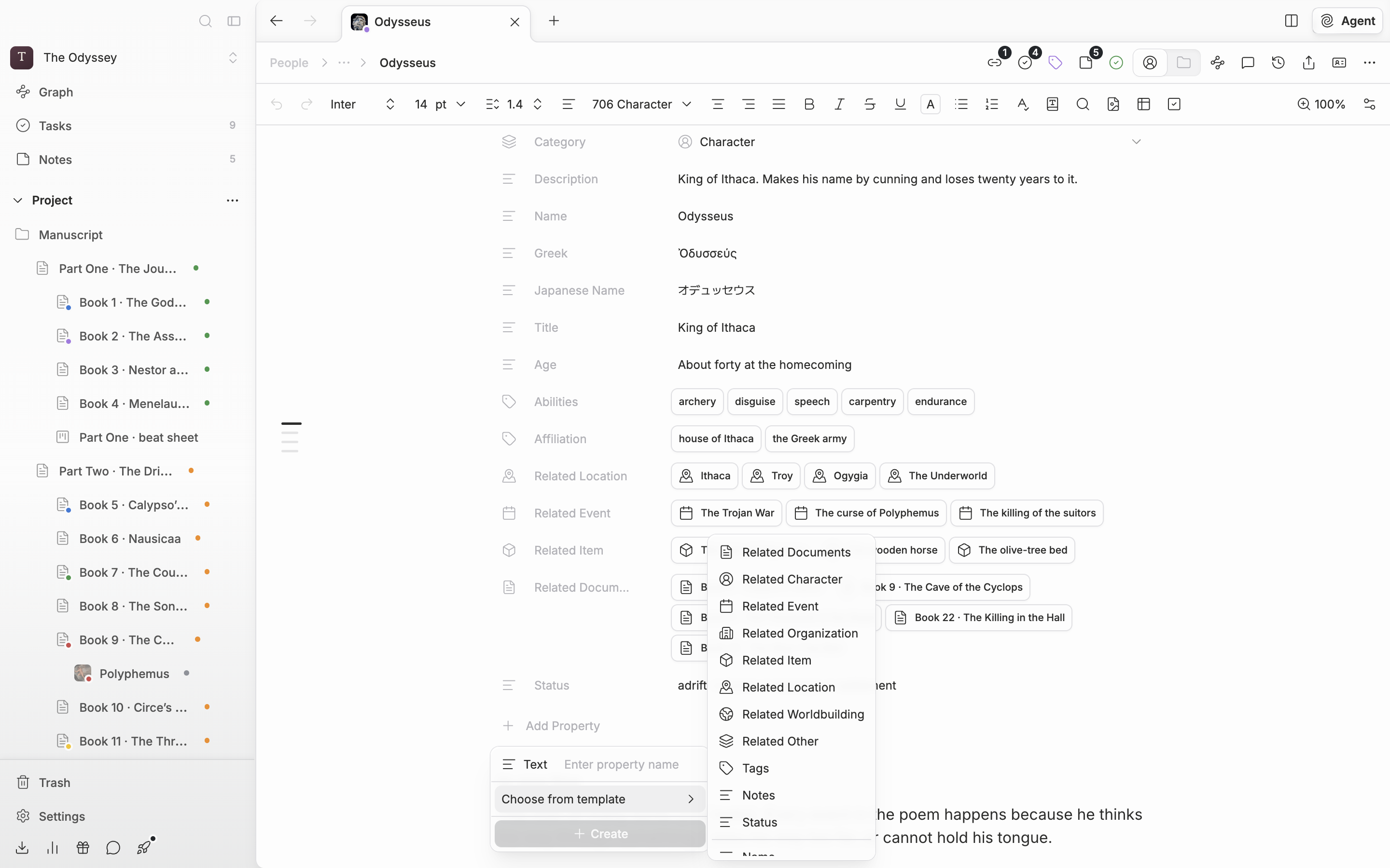 Inside “Add Property”, the “Choose from template” submenu is expanded, showing Related Documents, Related Character, Tags, Notes, and Status, with Name, English Name, Hanja Name, and the rest below them.
