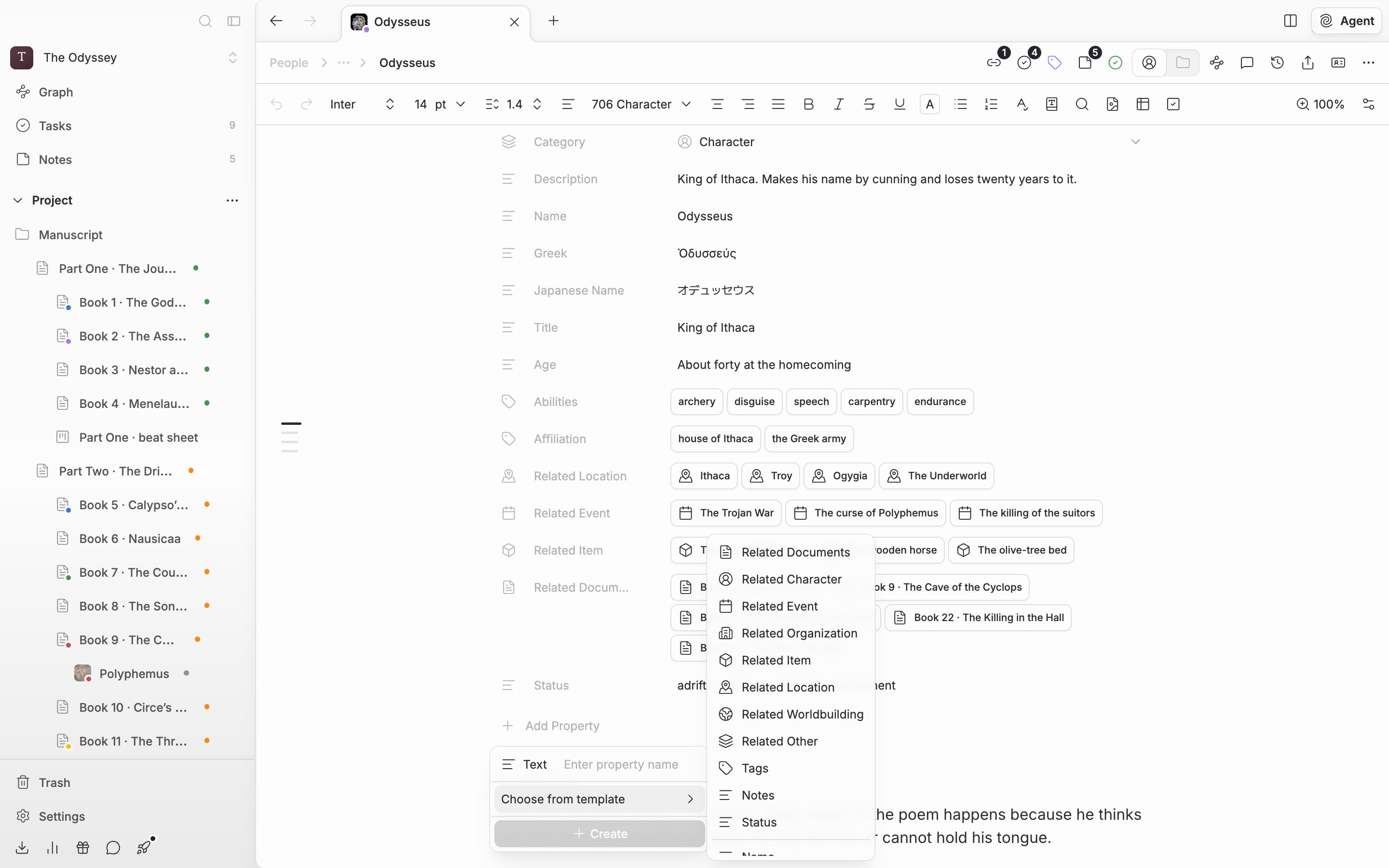 Inside “Add Property”, the “Choose from template” submenu is expanded, showing Related Documents, Related Character, Tags, Notes, and Status, with Name, English Name, Hanja Name, and the rest below them.