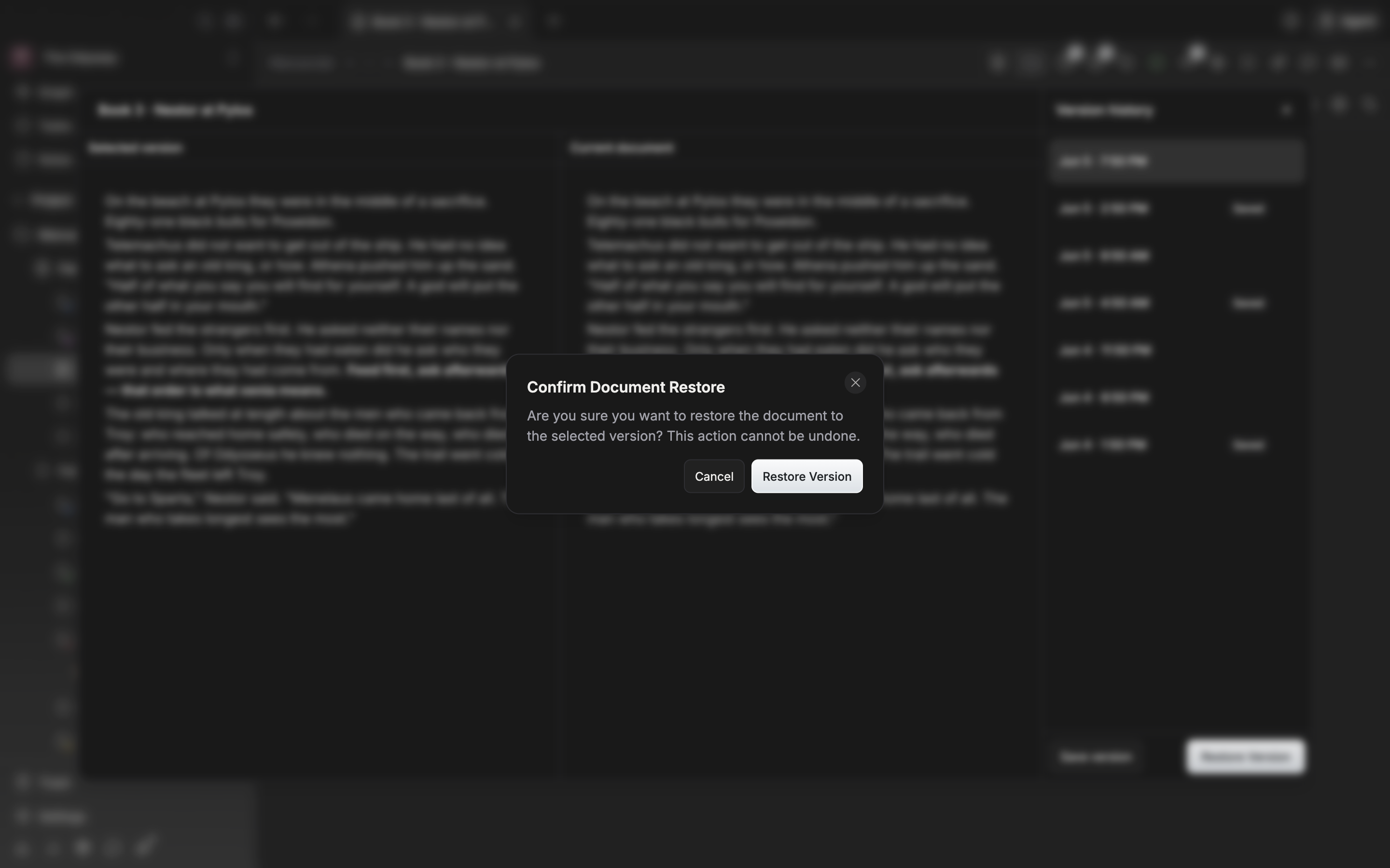 The “Confirm Document Restore” dialog over the version history window, with the message and the cancel and restore buttons visible.