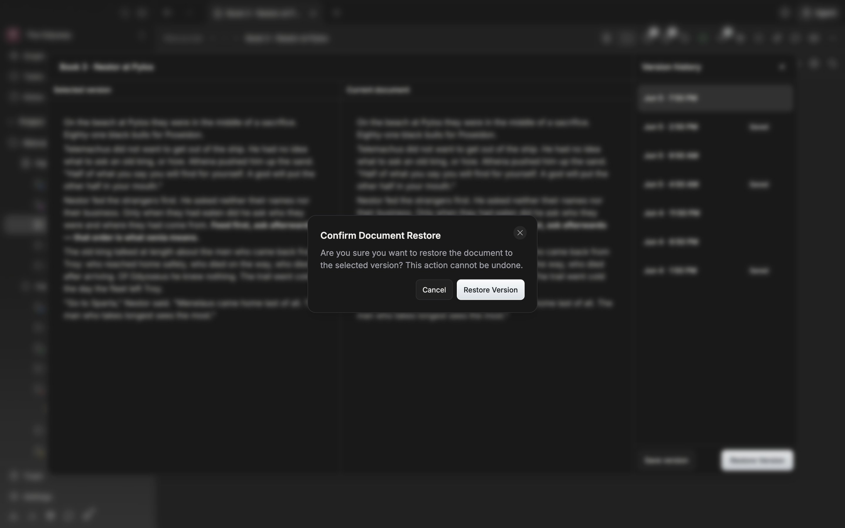 The “Confirm Document Restore” dialog over the version history window, with the message and the cancel and restore buttons visible.