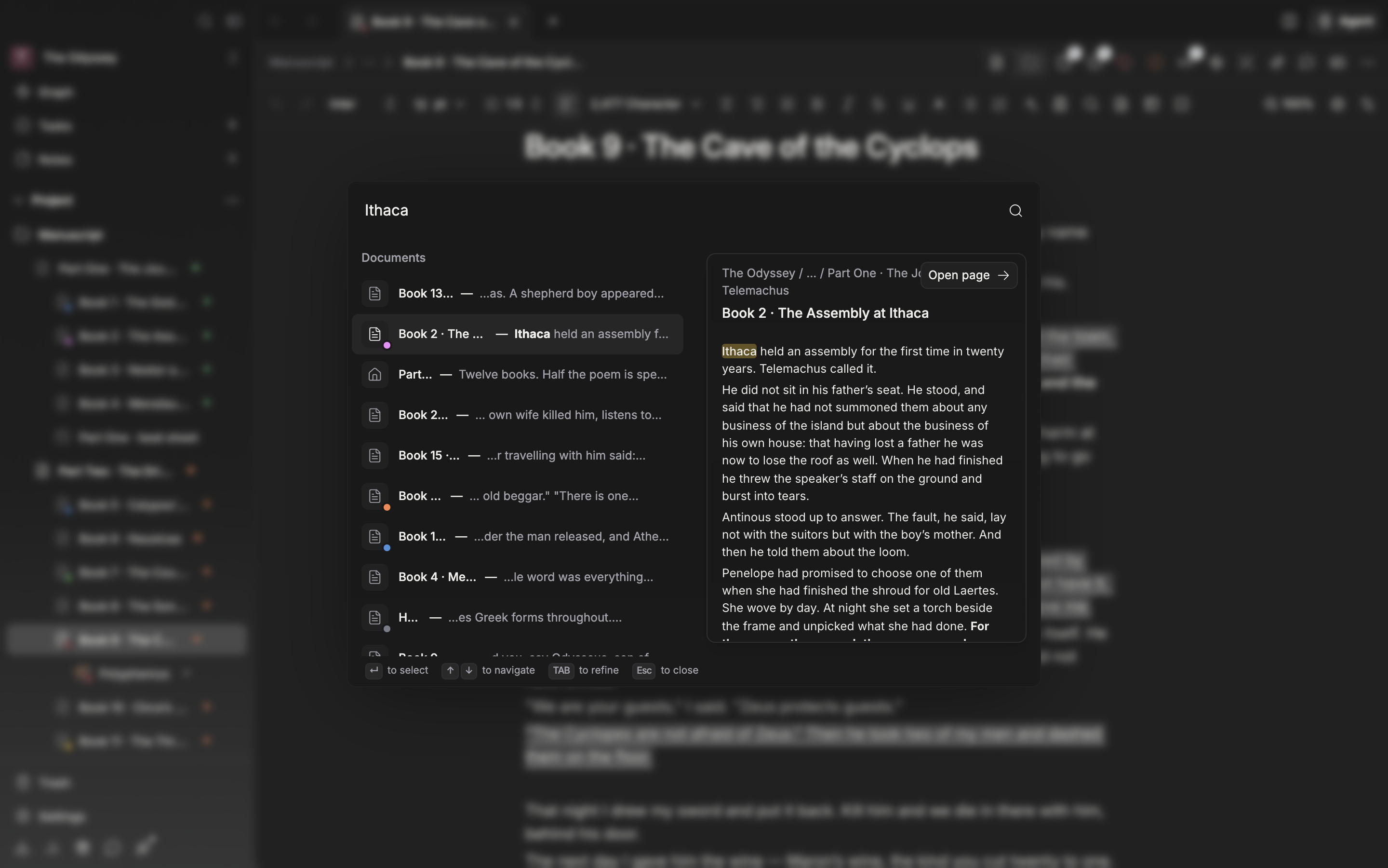 Two or more characters have been typed into the palette. The Results group at the top and the per-type groups such as Documents and Sheets below are both visible, and a document row in a per-type group is selected so the preview card on the right shows body text and “Open page”.