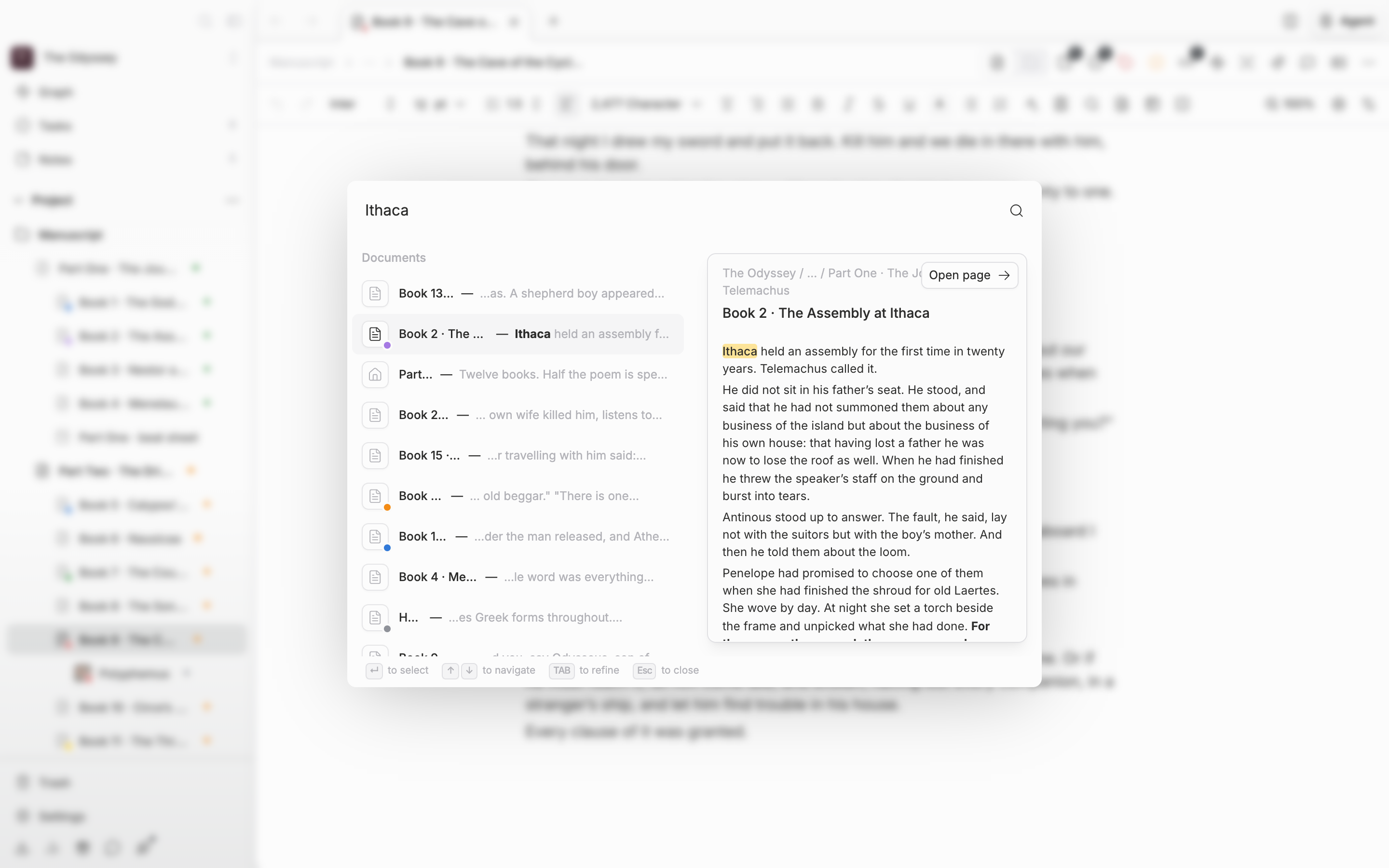 Two or more characters have been typed into the palette. The Results group at the top and the per-type groups such as Documents and Sheets below are both visible, and a document row in a per-type group is selected so the preview card on the right shows body text and “Open page”.