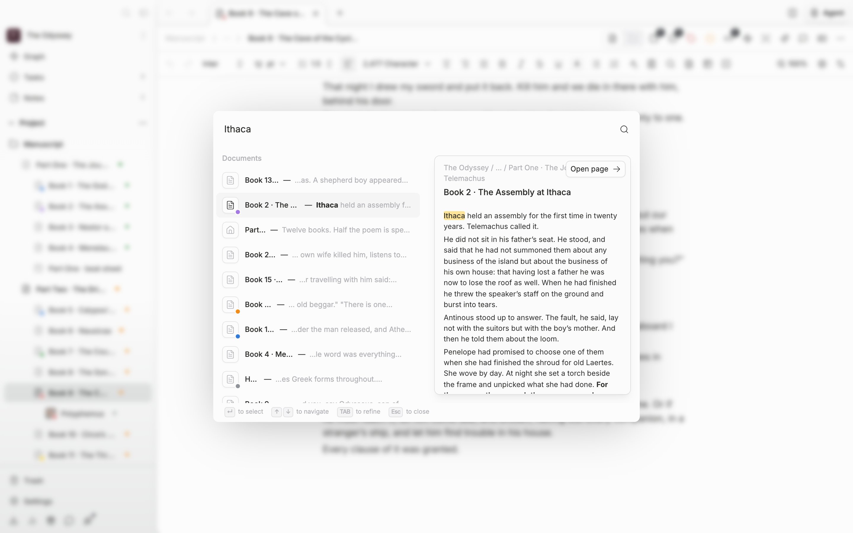 Two or more characters have been typed into the palette. The Results group at the top and the per-type groups such as Documents and Sheets below are both visible, and a document row in a per-type group is selected so the preview card on the right shows body text and âOpen pageâ.