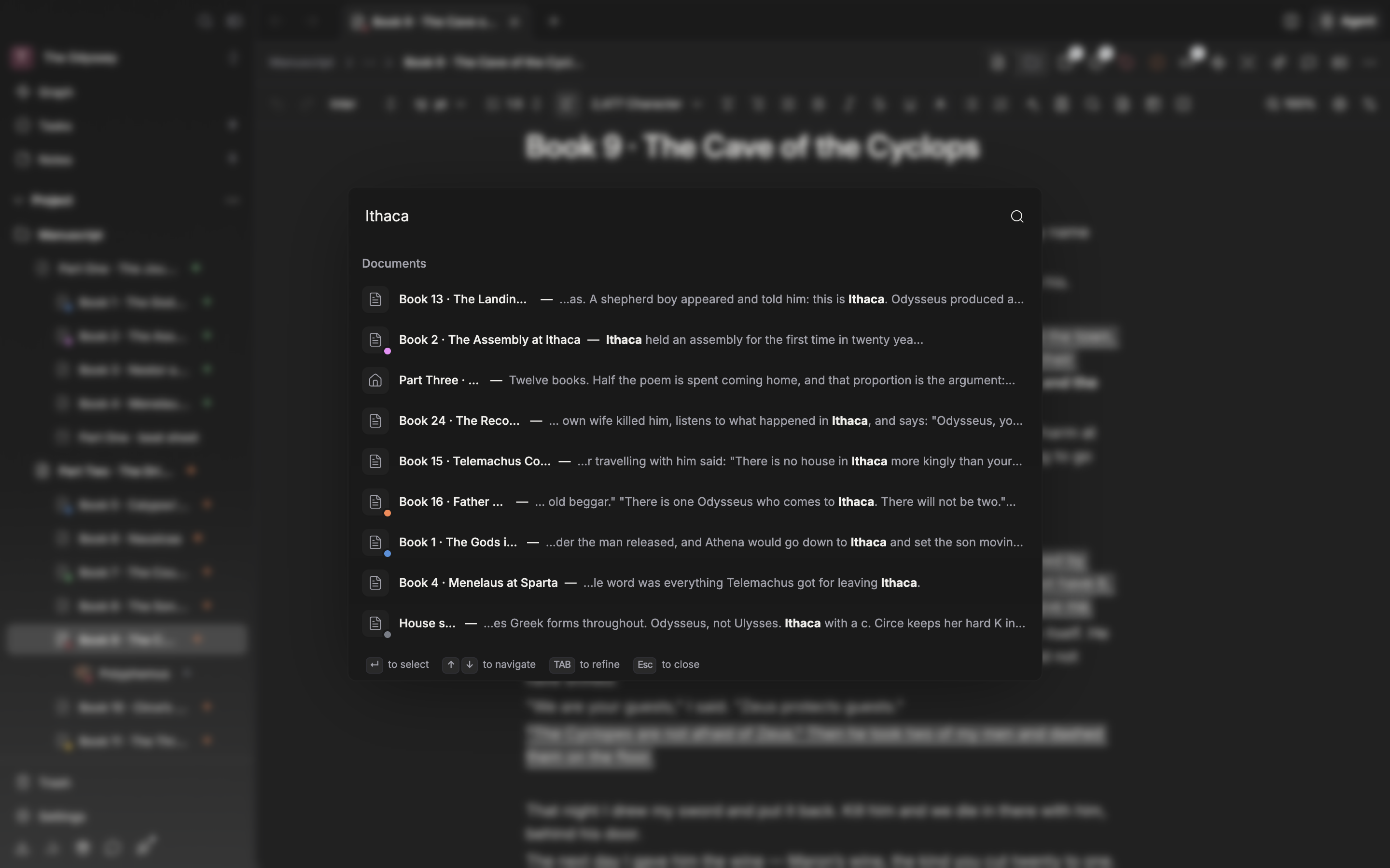 The search window is open over a document. A search term has been typed and document and sheet results are mixed together under “Results”. The hint line at the bottom of the window is in frame.
