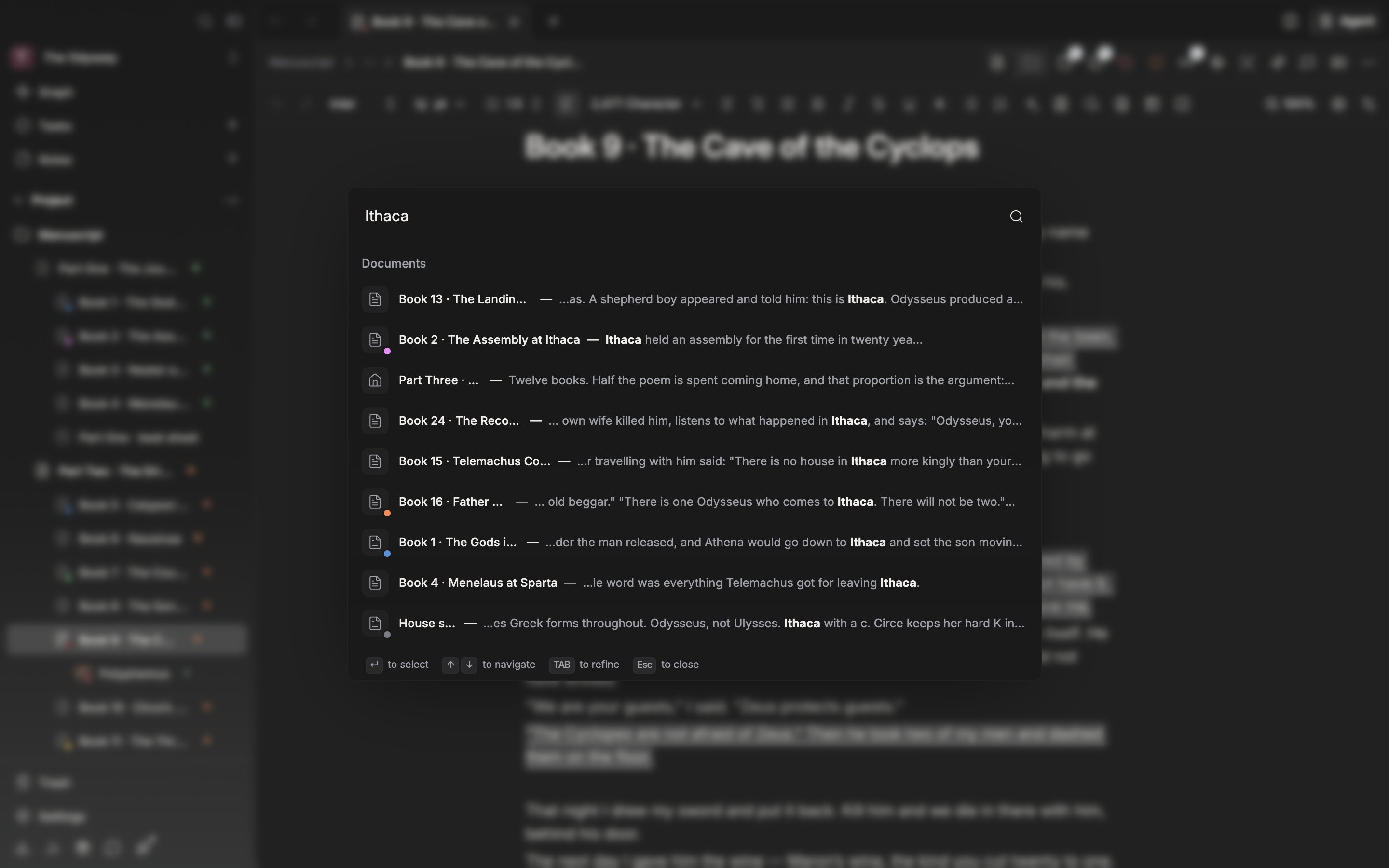 The search window is open over a document. A search term has been typed and document and sheet results are mixed together under âResultsâ. The hint line at the bottom of the window is in frame.
