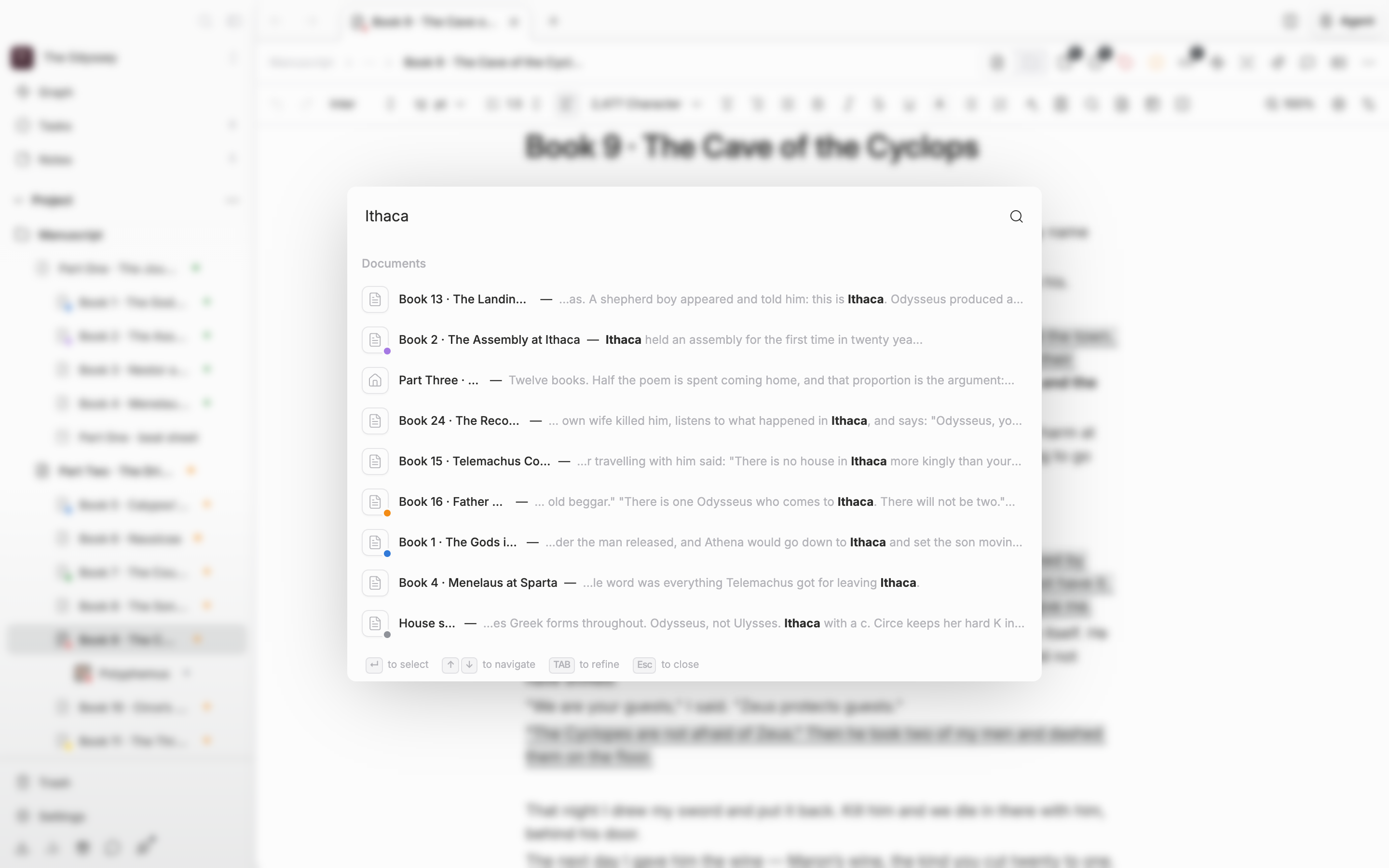 The search window is open over a document. A search term has been typed and document and sheet results are mixed together under “Results”. The hint line at the bottom of the window is in frame.