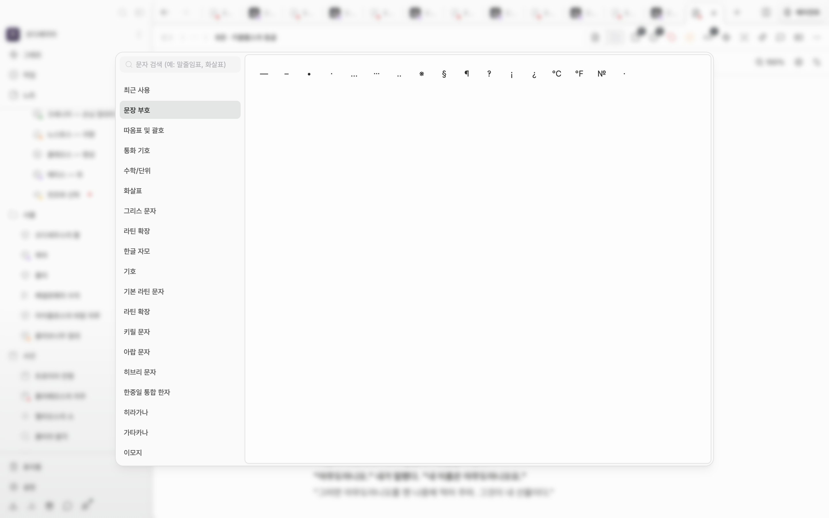 특수문자 표가 열린 채 문장 부호 범주가 켜져 있고, 왼쪽에 검색 칸과 범주 목록, 오른쪽 격자에 문자가 채워진 상태.