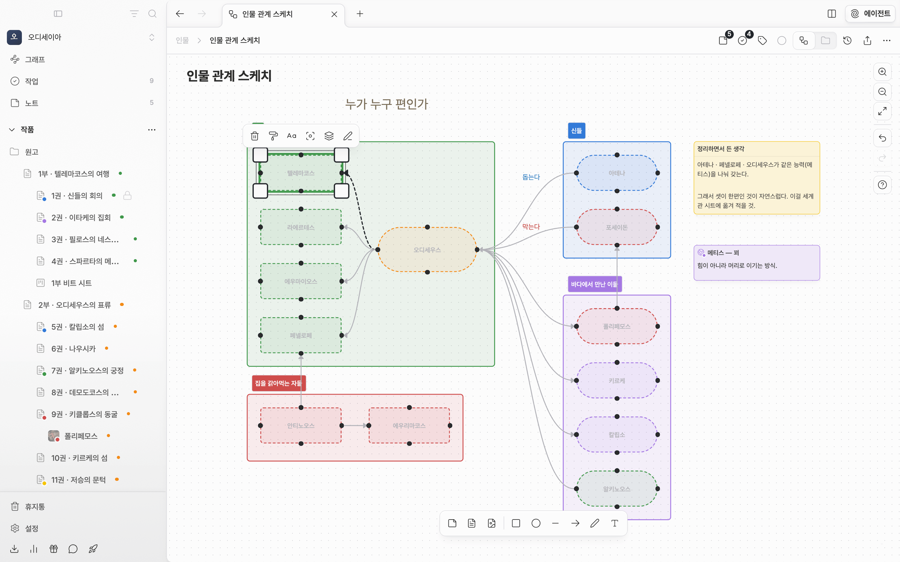 채우기 색이 지정된 타원 하나만 선택되어 캔버스 위에 도형 속성 패널이 펼쳐진 상태. 선 색·정렬·세로 정렬·글자 크기·선 두께·손그림 느낌·채우기 색·채우기 패턴이 모두 보인다.