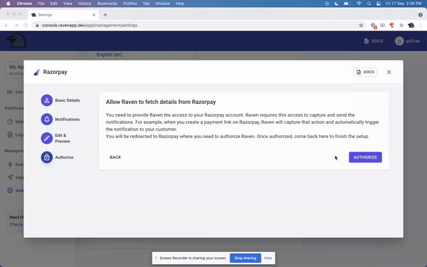 Authorizing Raven to access your Razorpay account