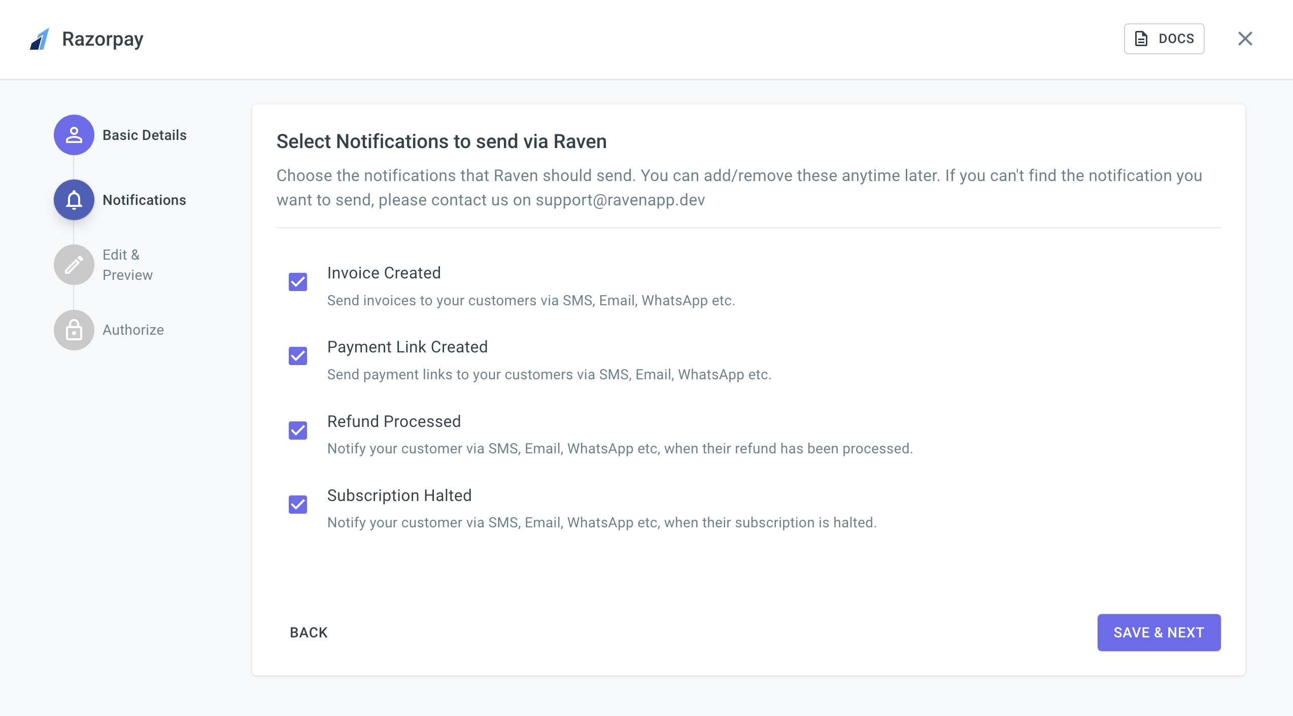 Select the notifications Raven should send