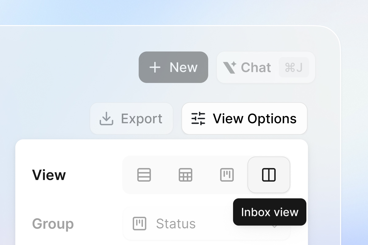 The View Options menu with the Inbox view layout selected, showing its Inbox view tooltip, on a soft gradient background