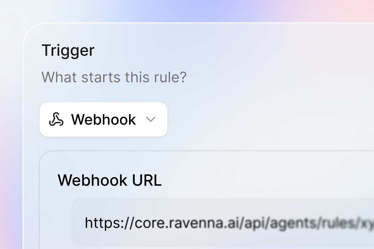 An agent rule's Trigger card set to Webhook, showing the rule's webhook URL, on a soft gradient background