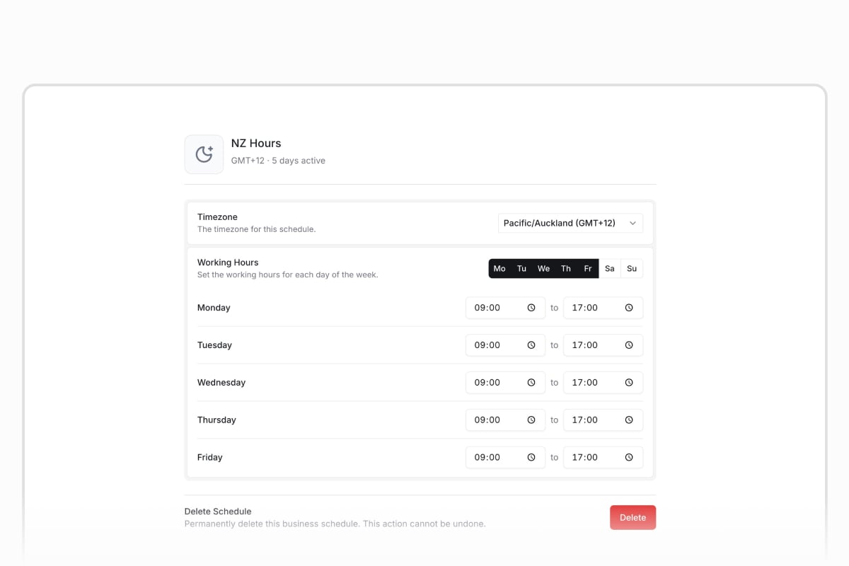 Configuring a business schedule with working hours and holidays
