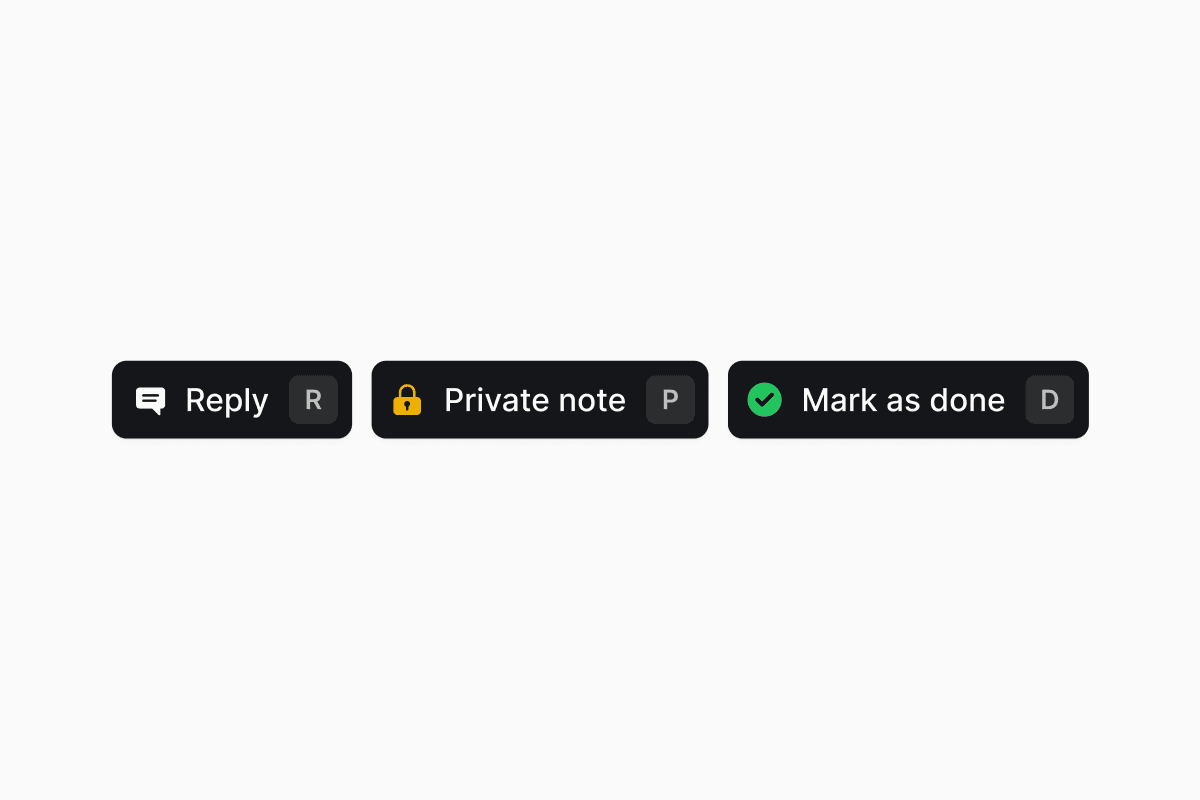 The Reply, Private note, and Mark as done chips that float above the ticket dock, each showing its keyboard shortcut: R, P, and D