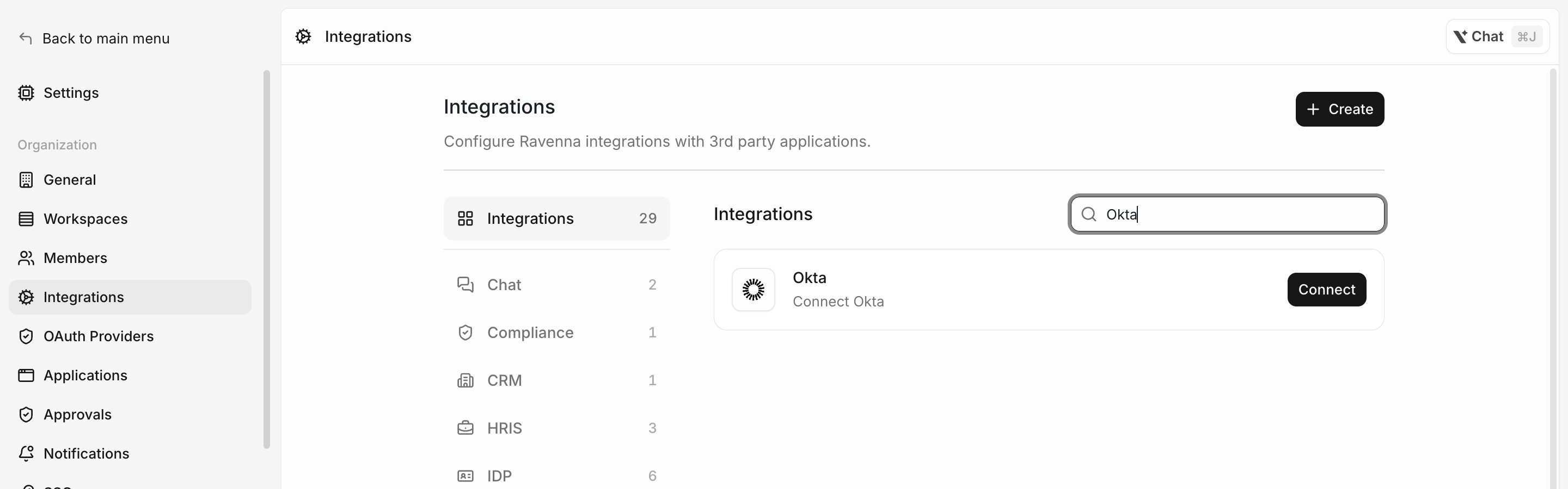 The Ravenna Integrations settings page filtered to Okta, with the Connect button
