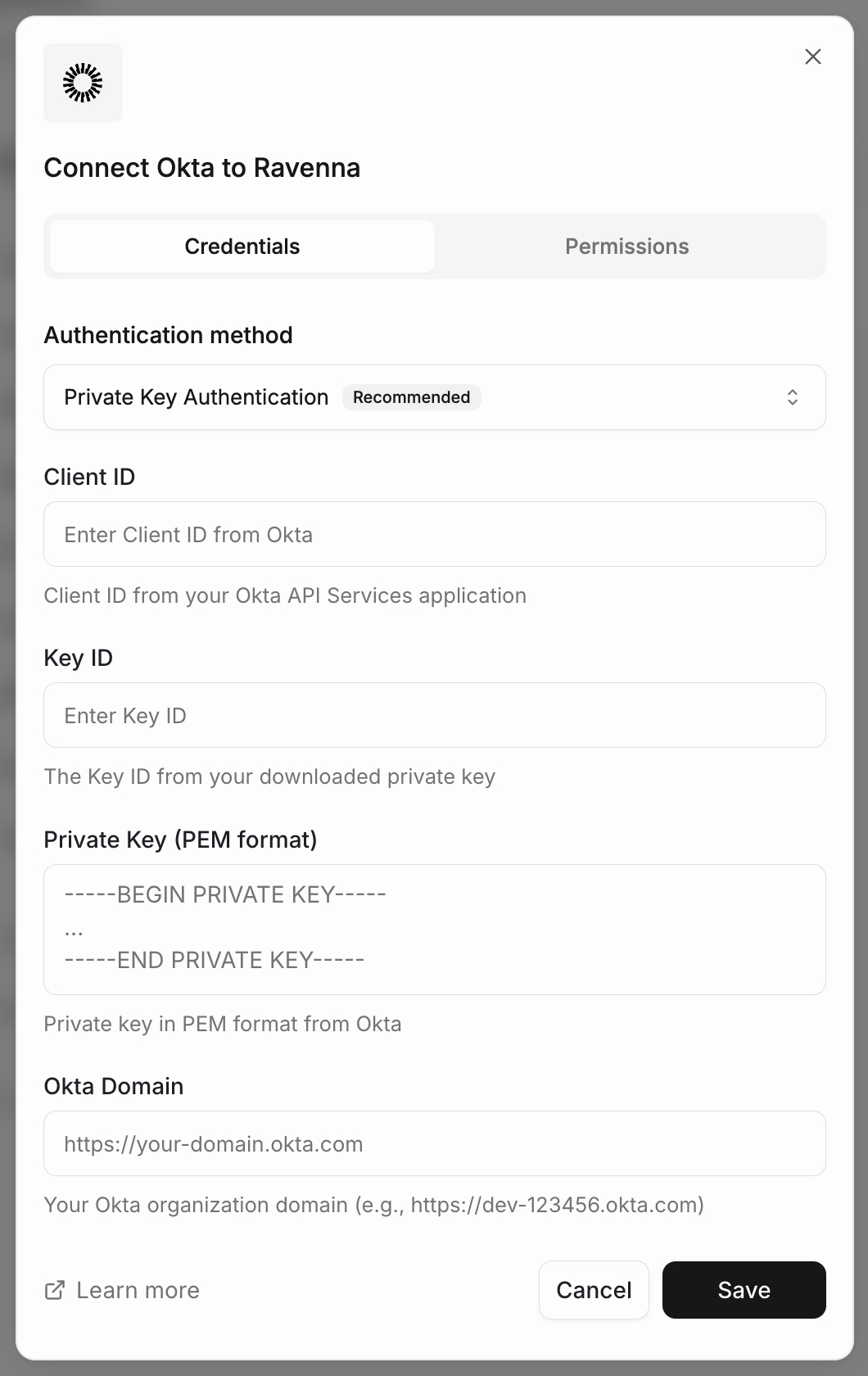 The Connect Okta to Ravenna dialog with Private Key Authentication selected and the Client ID, Key ID, Private Key, and Okta Domain fields