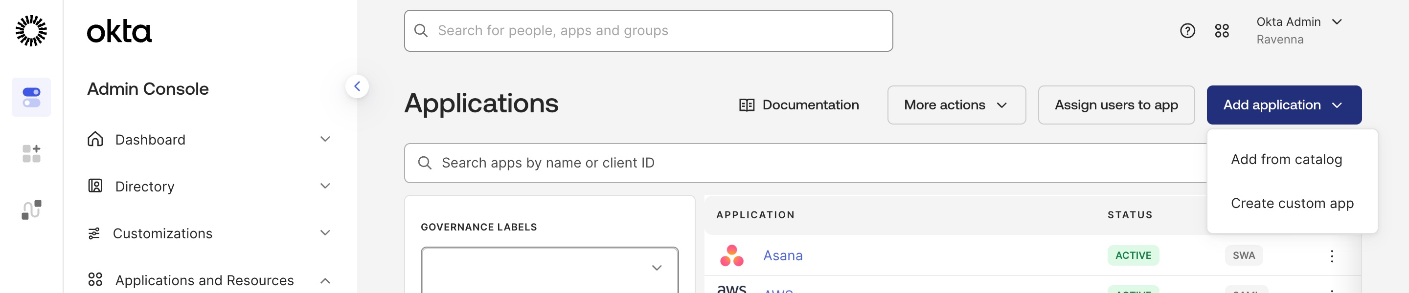 The Okta Applications page with the Add application menu open, showing Add from catalog and Create custom app