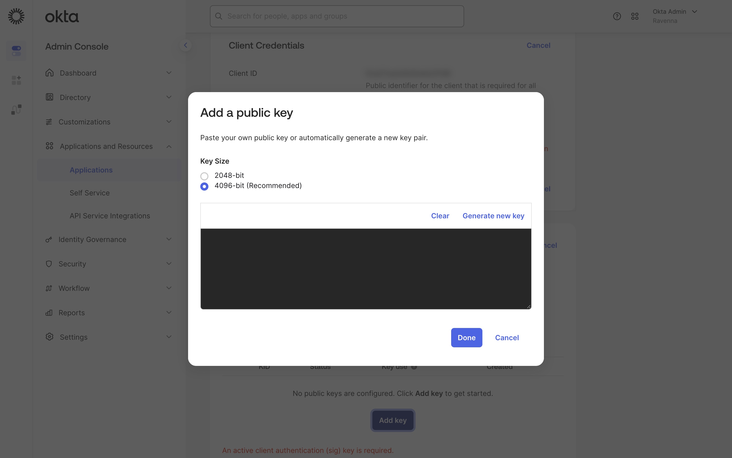 The Add a public key dialog with the 4096-bit key size selected and the Generate new key button