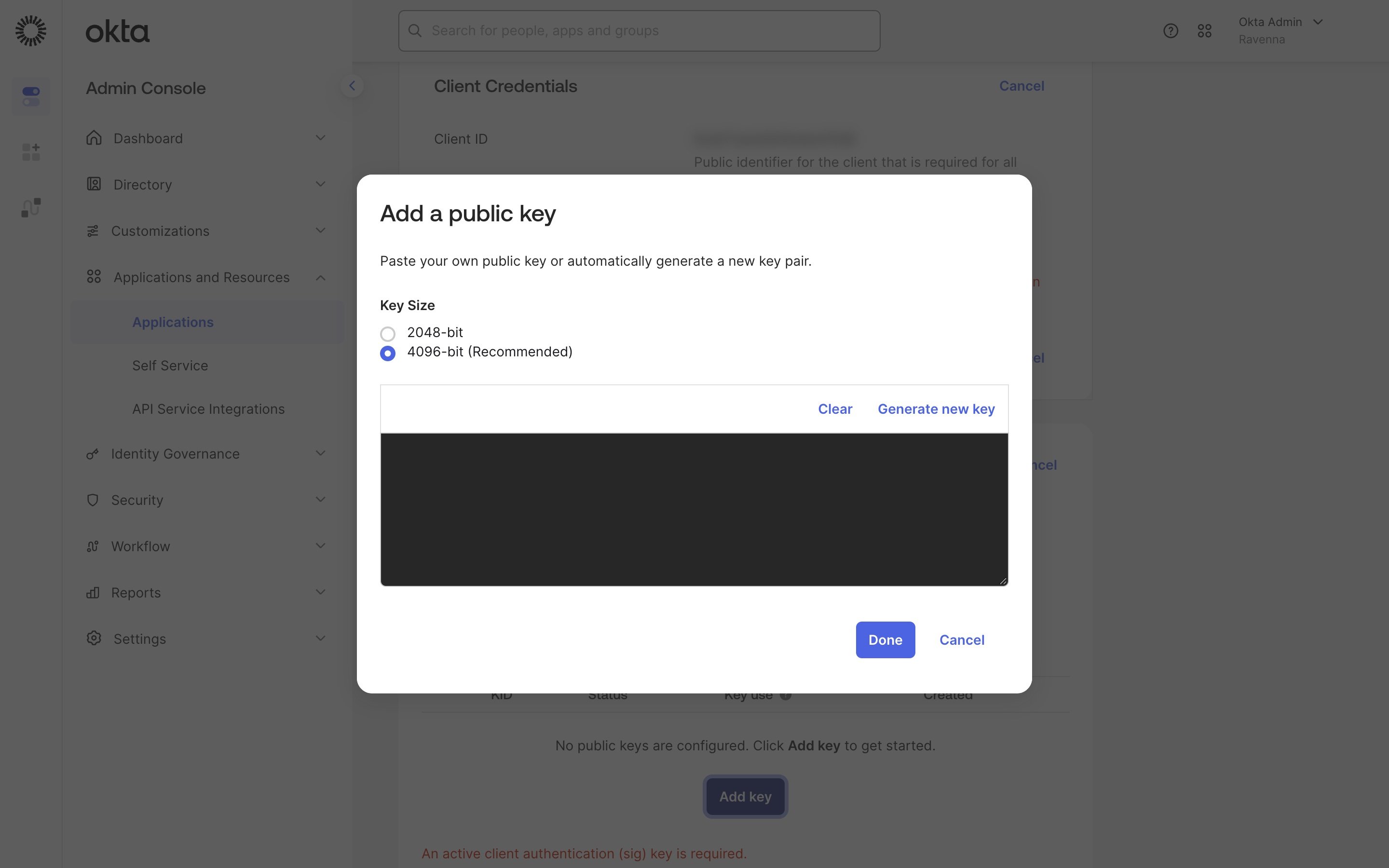 The Add a public key dialog with the 4096-bit key size selected and the Generate new key button