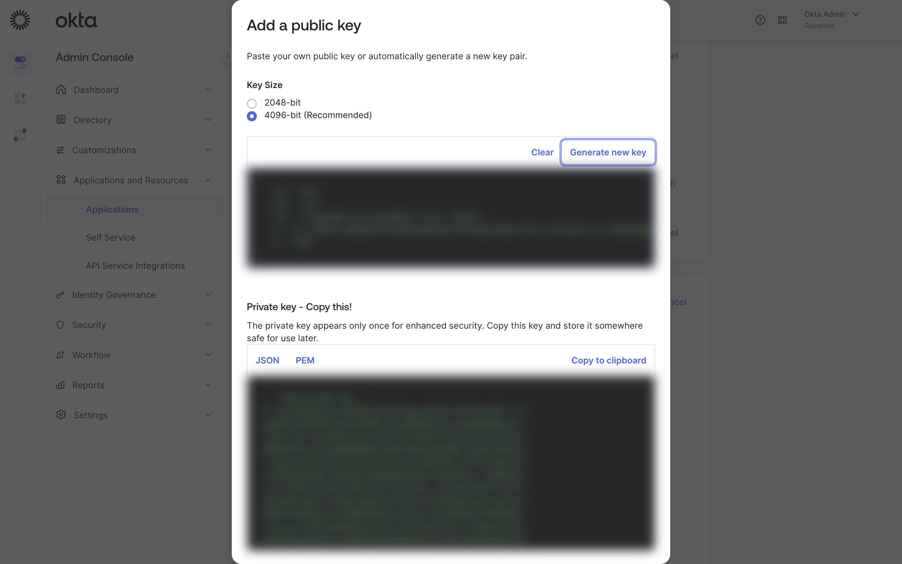 The Add a public key dialog after generating a key, with the PEM tab and Copy to clipboard button above the private key, which is blurred