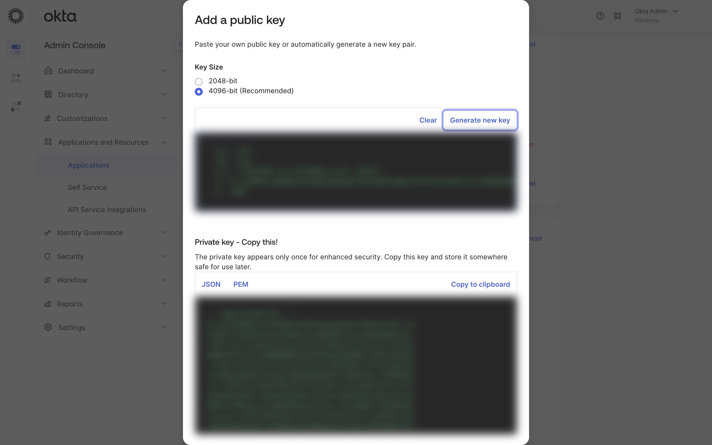 The Add a public key dialog after generating a key, with the PEM tab and Copy to clipboard button above the private key, which is blurred