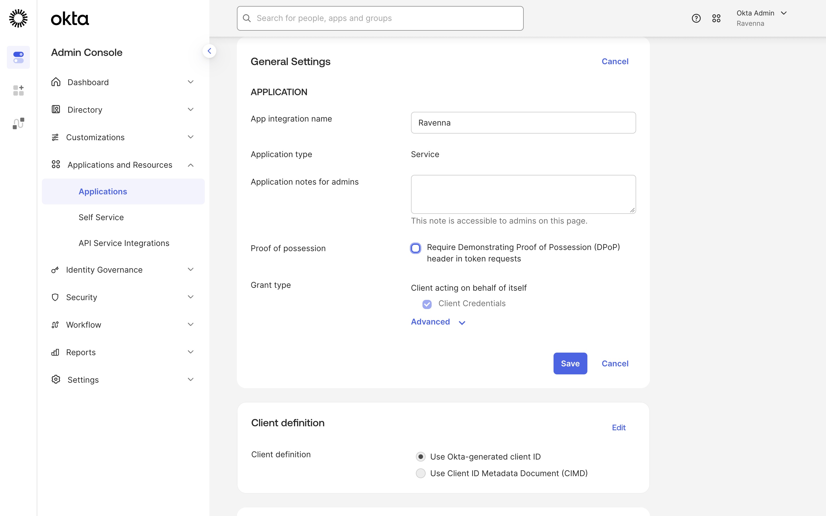 The General Settings card in edit mode with the Require DPoP checkbox cleared