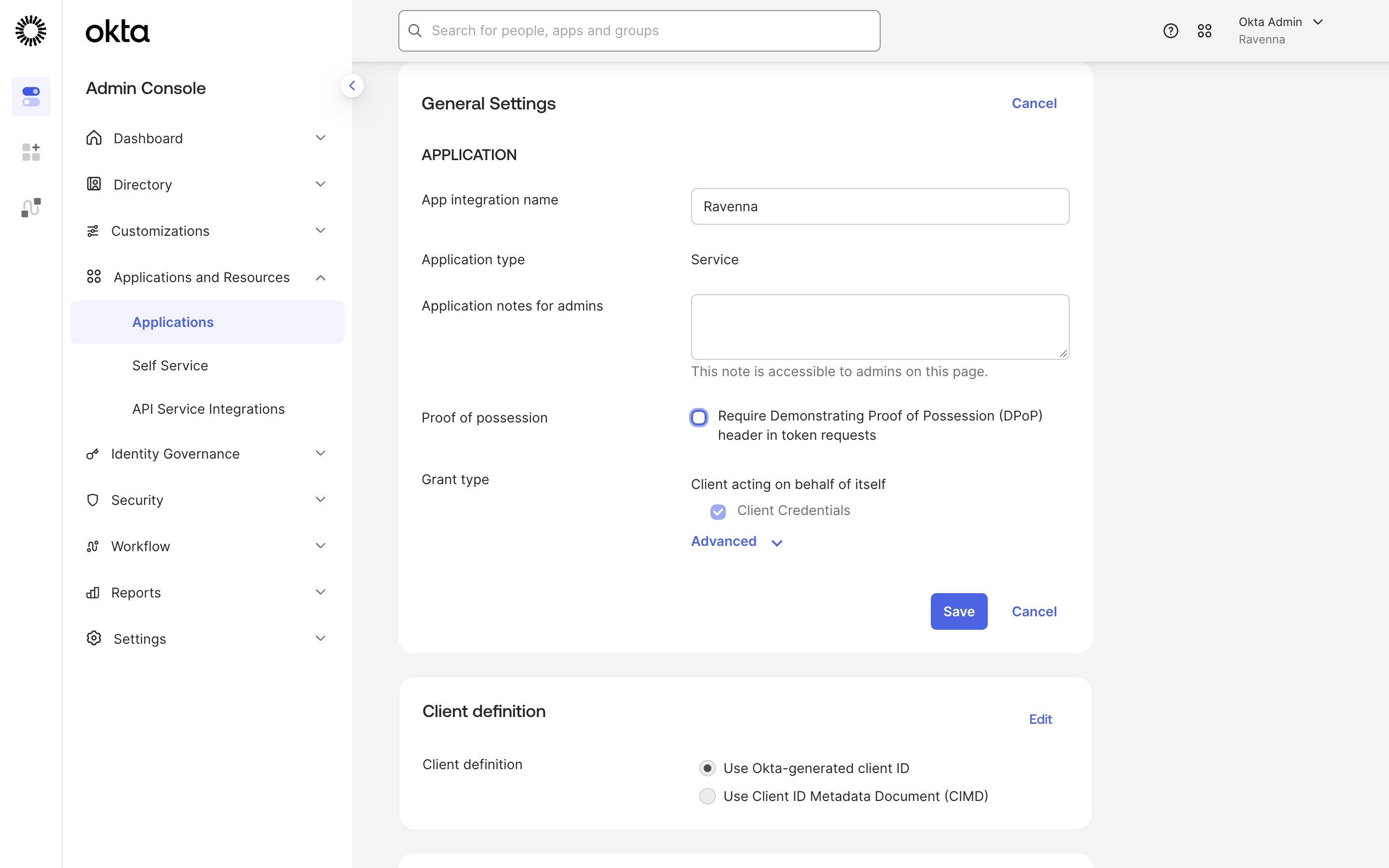 The General Settings card in edit mode with the Require DPoP checkbox cleared