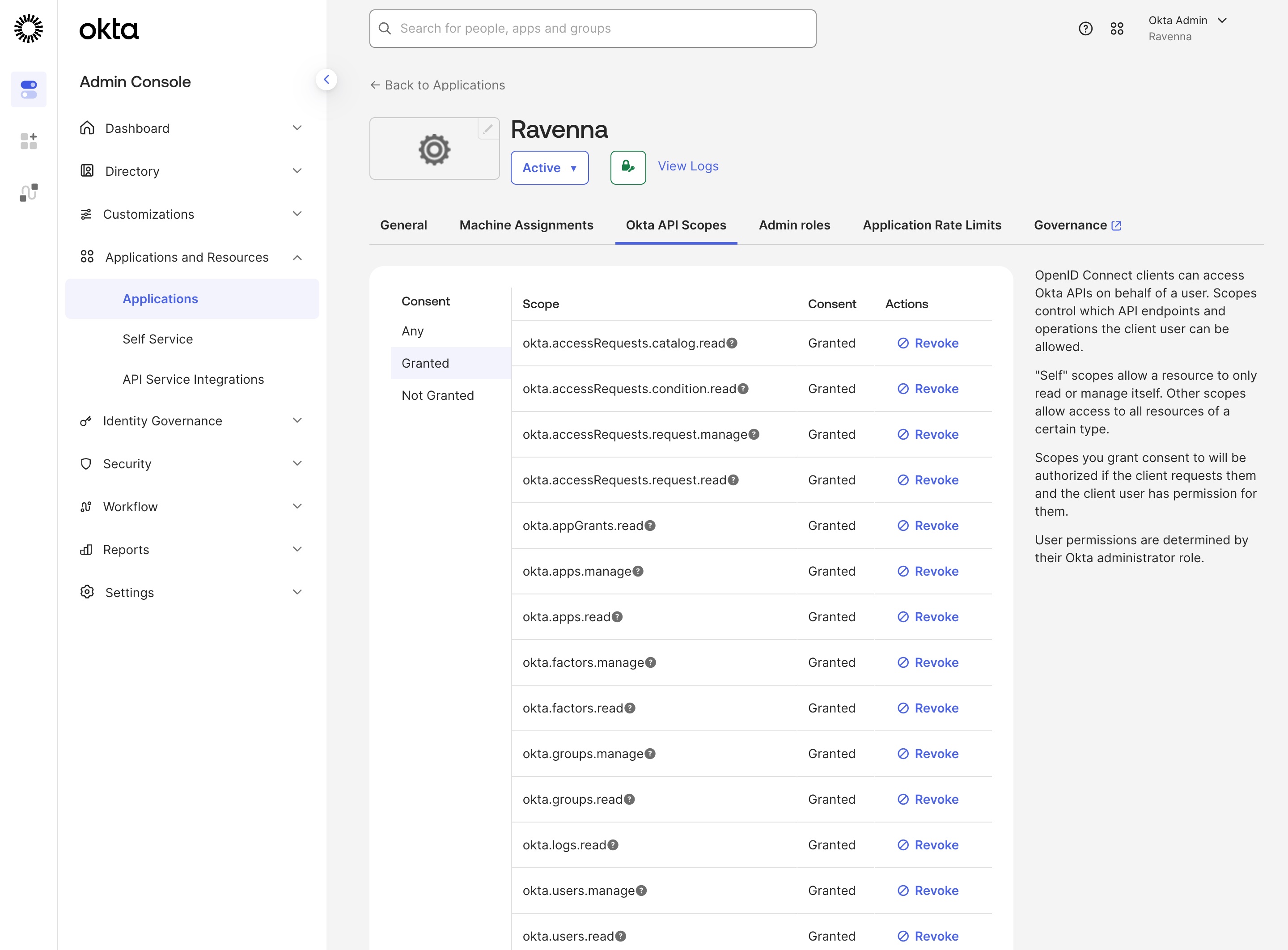 The Okta API Scopes tab filtered to Granted, listing the scopes Ravenna needs, including the Identity Governance scopes