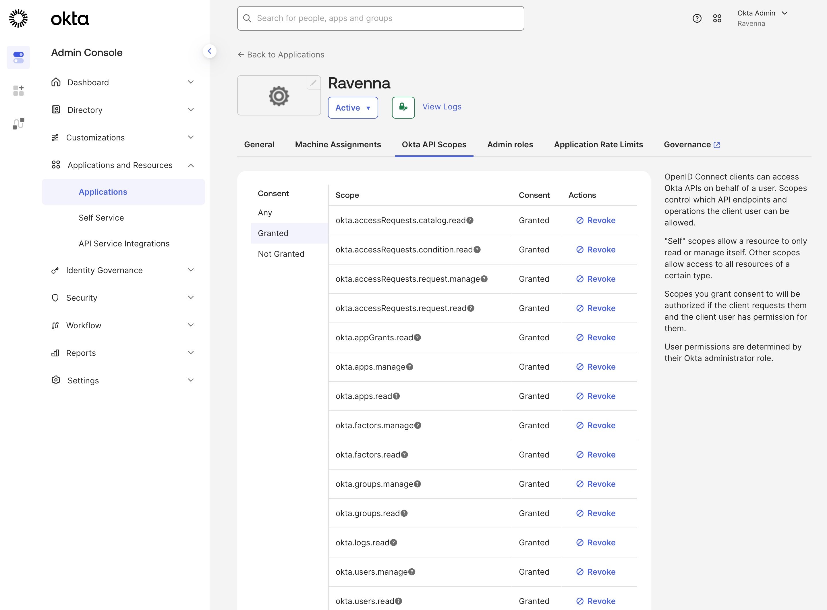 The Okta API Scopes tab filtered to Granted, listing the scopes Ravenna needs, including the Identity Governance scopes
