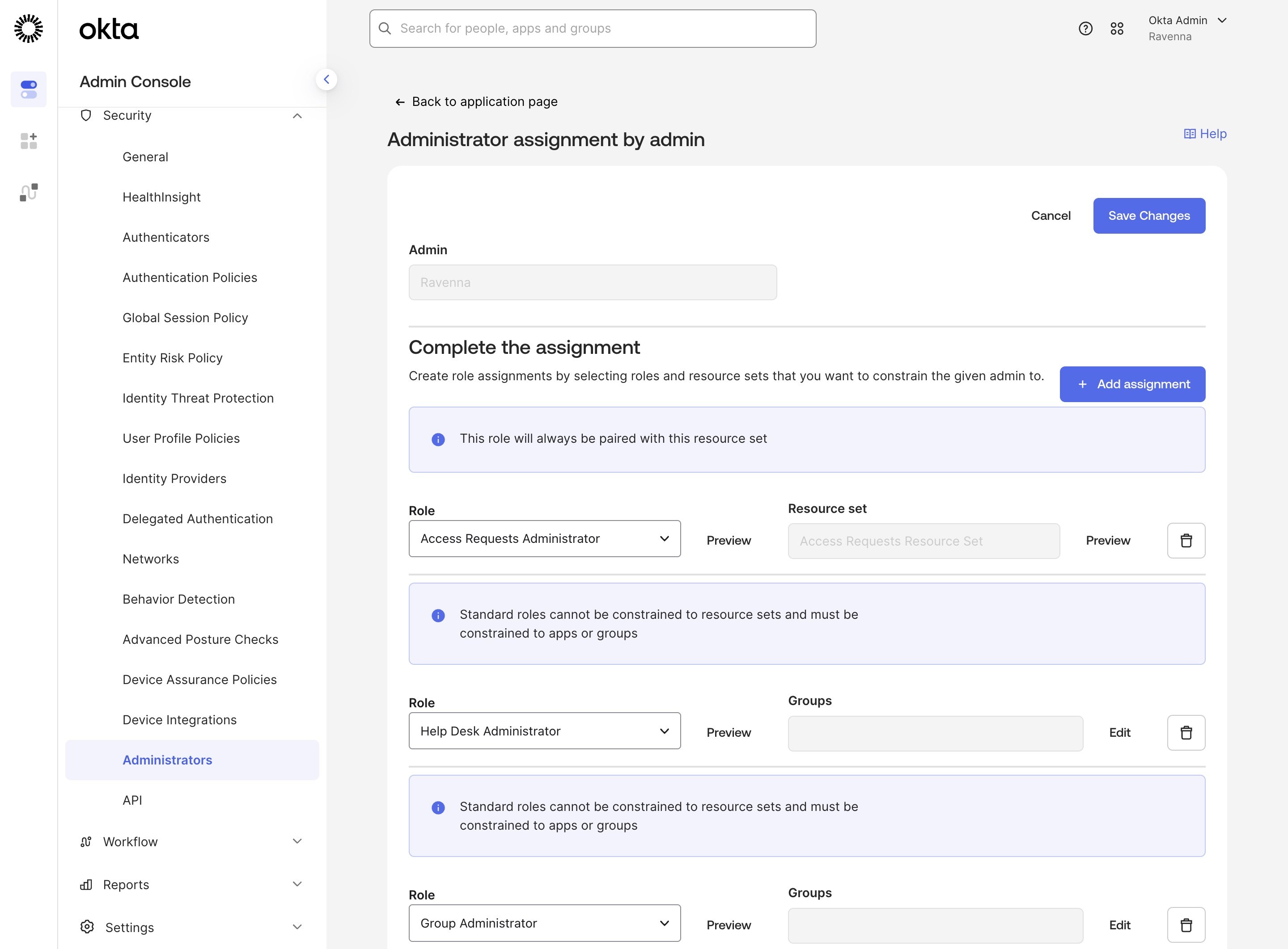 The Administrator assignment by admin page with Access Requests Administrator, Help Desk Administrator, and Group Administrator role rows