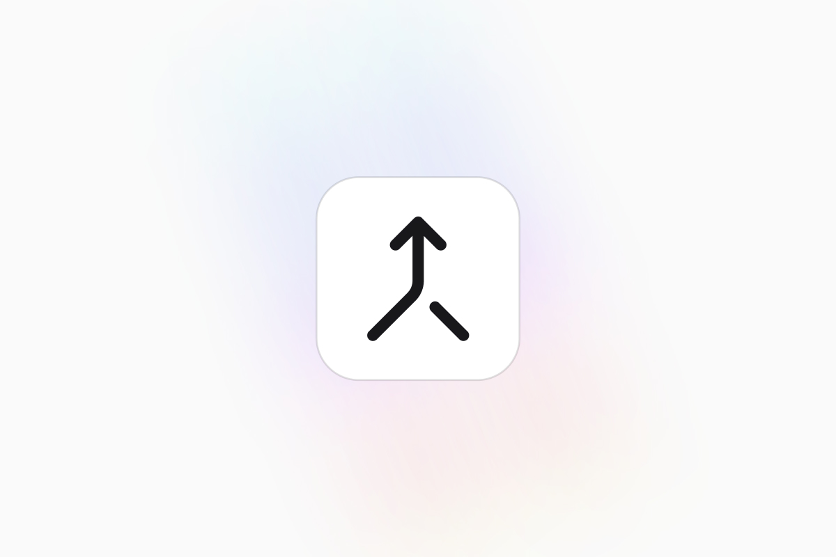 The merge icon, two paths converging into a single upward arrow, on a soft gradient background