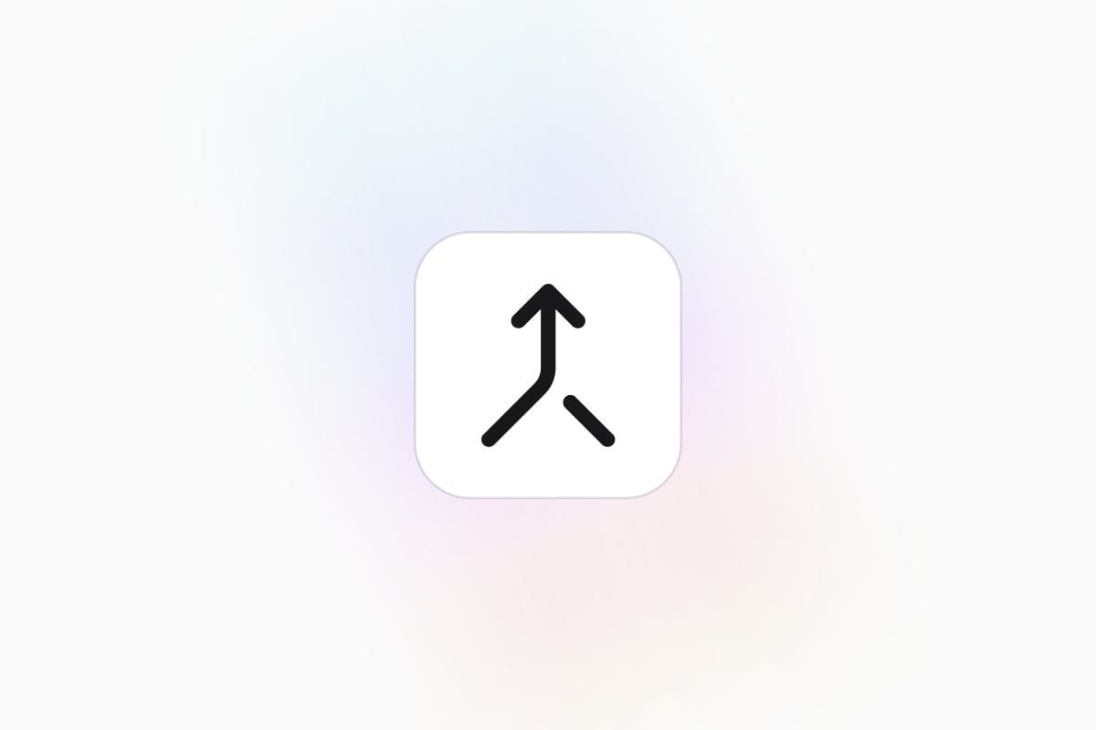 The merge icon, two paths converging into a single upward arrow, on a soft gradient background