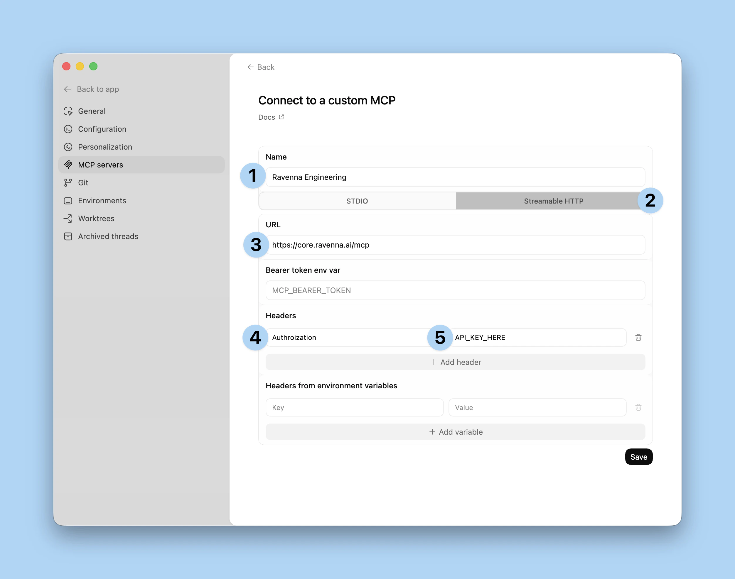 Codex MCP server configuration dialog showing name, transport, URL, and header fields