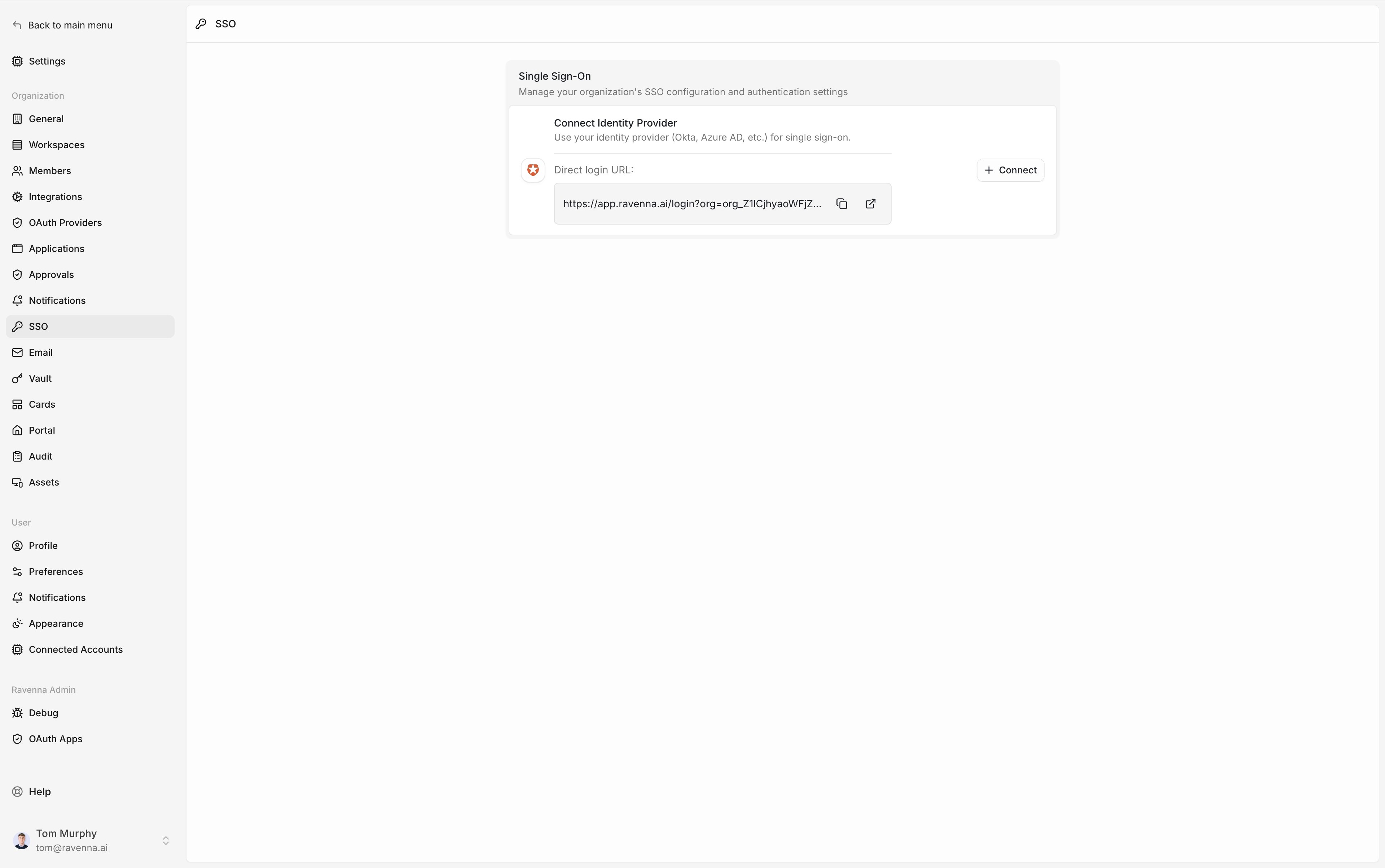 The SSO settings page in Ravenna with the Connect button next to Connect Identity Provider
