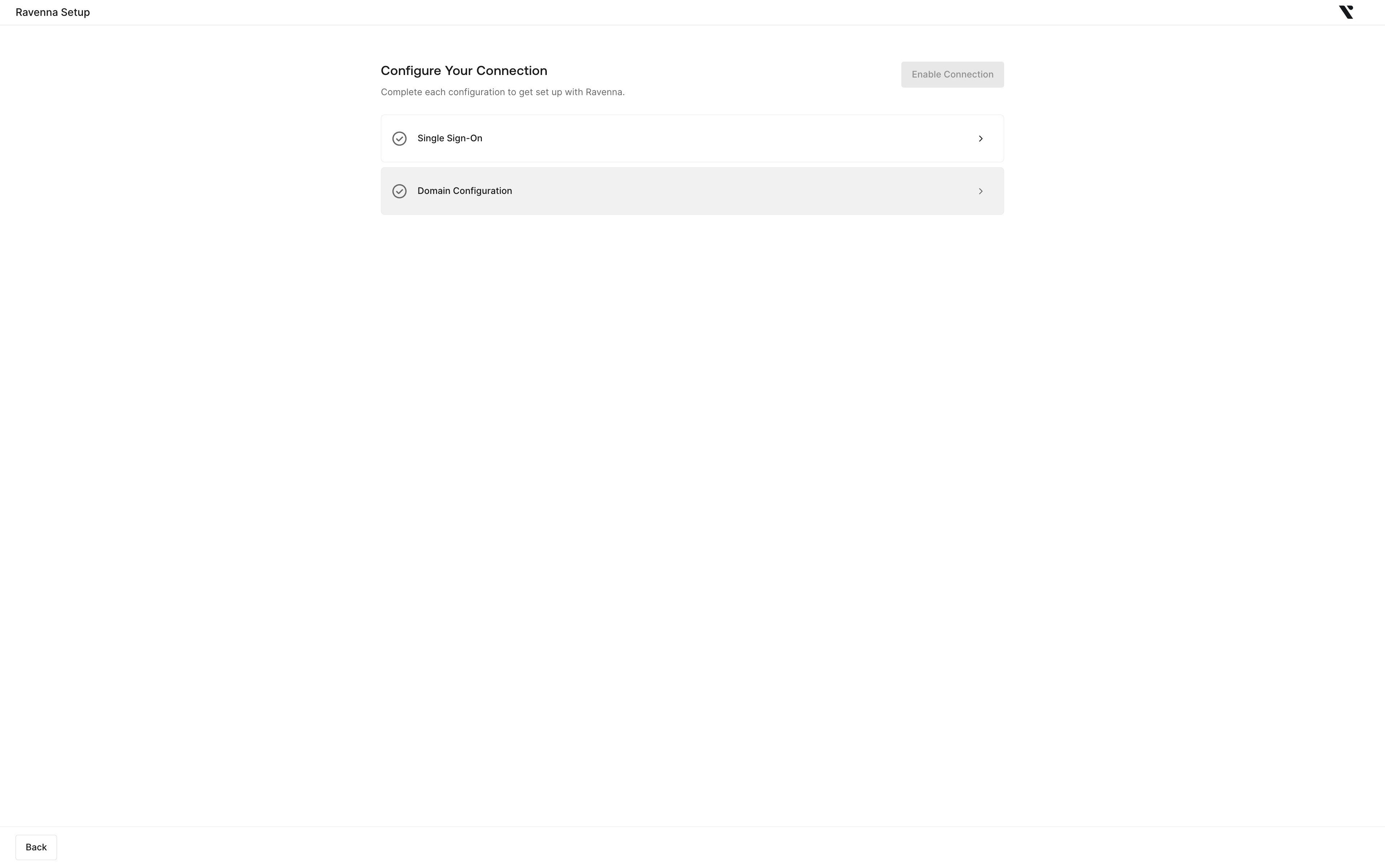 The Configure Your Connection page listing Single Sign-On and Domain Configuration, with Enable Connection disabled