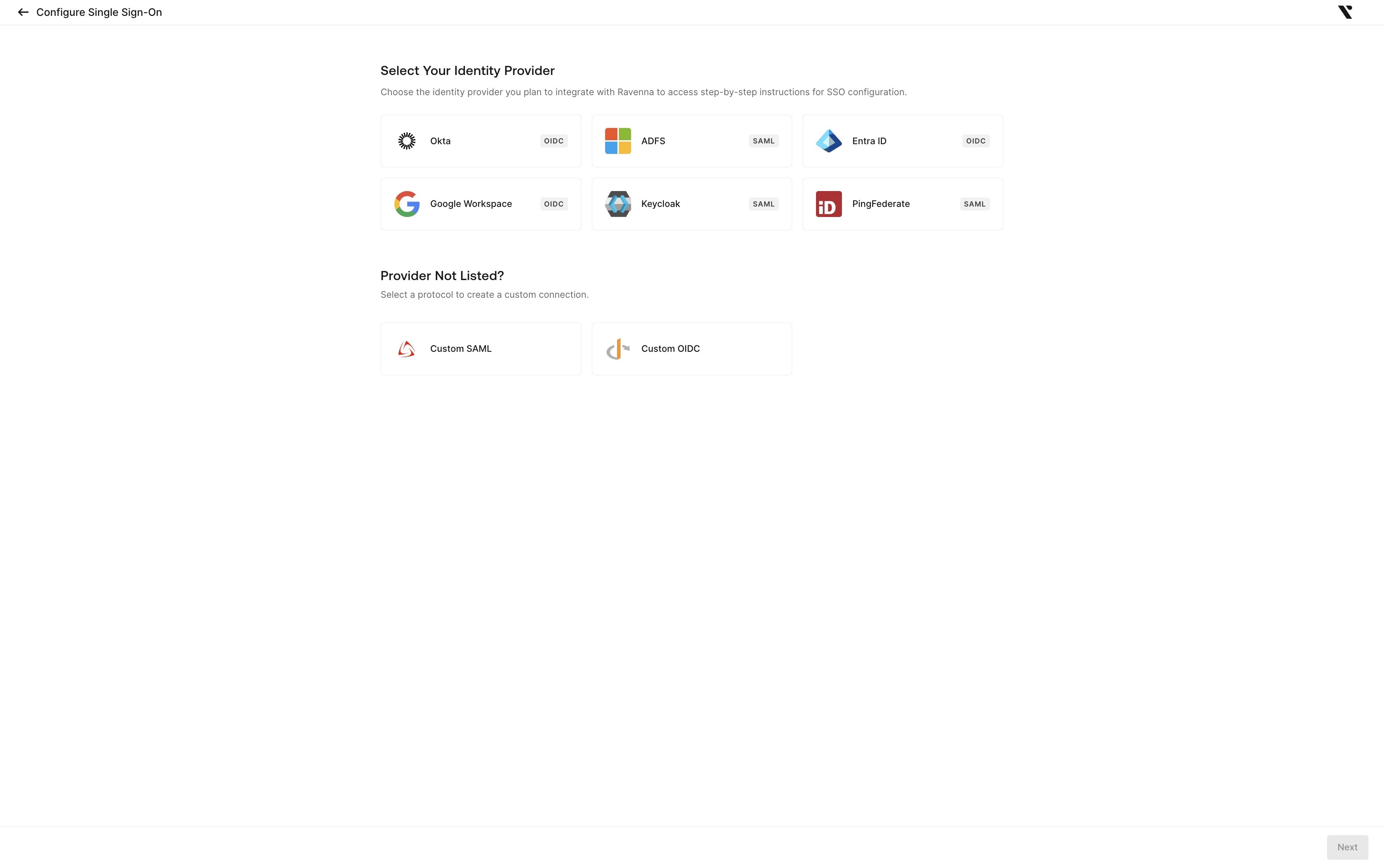 The Select Your Identity Provider page showing Okta, ADFS, Entra ID, Google Workspace, Keycloak, PingFederate, Custom SAML, and Custom OIDC