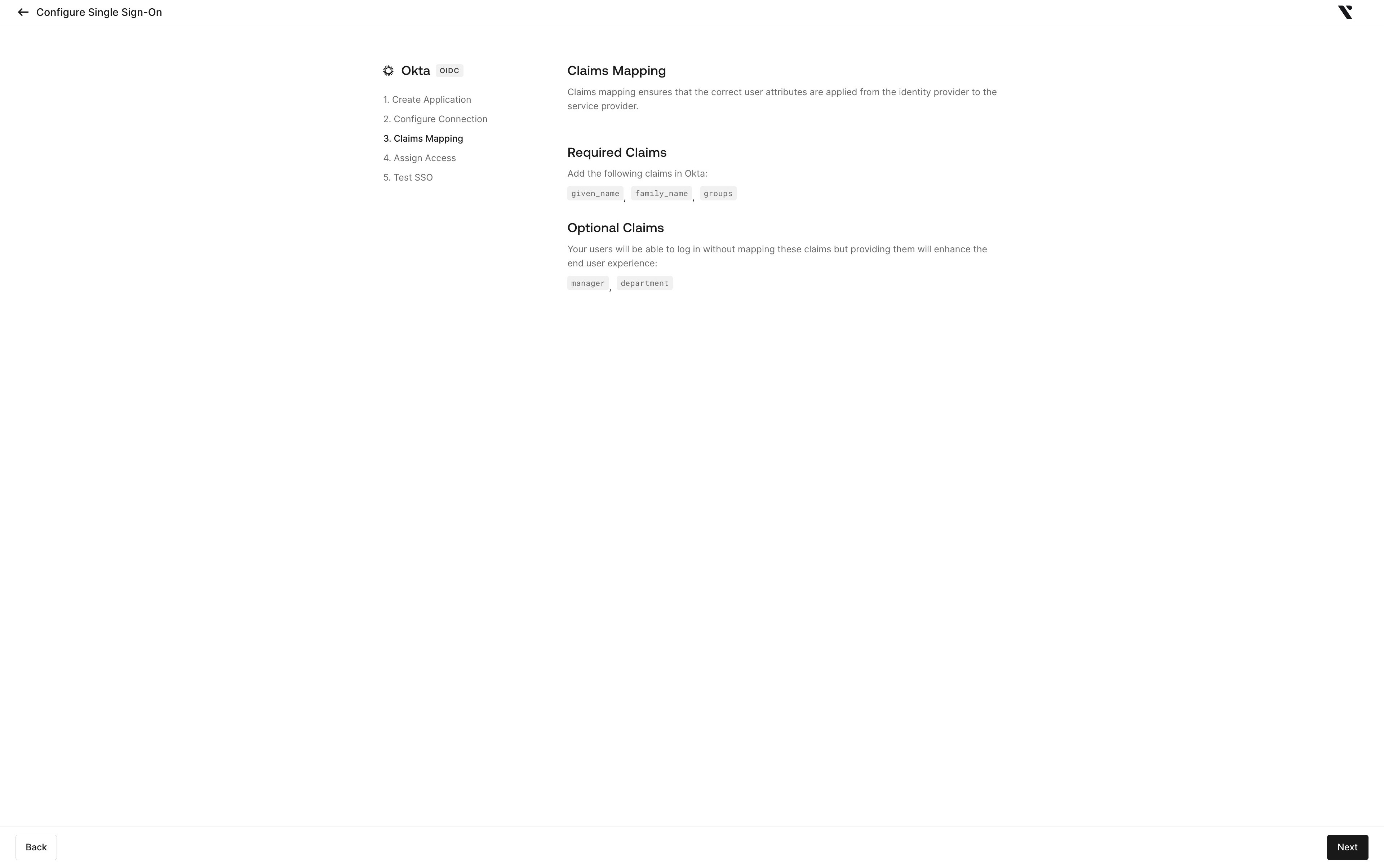 Okta example: the Claims Mapping step listing given_name, family_name, and groups as required claims and manager and department as optional