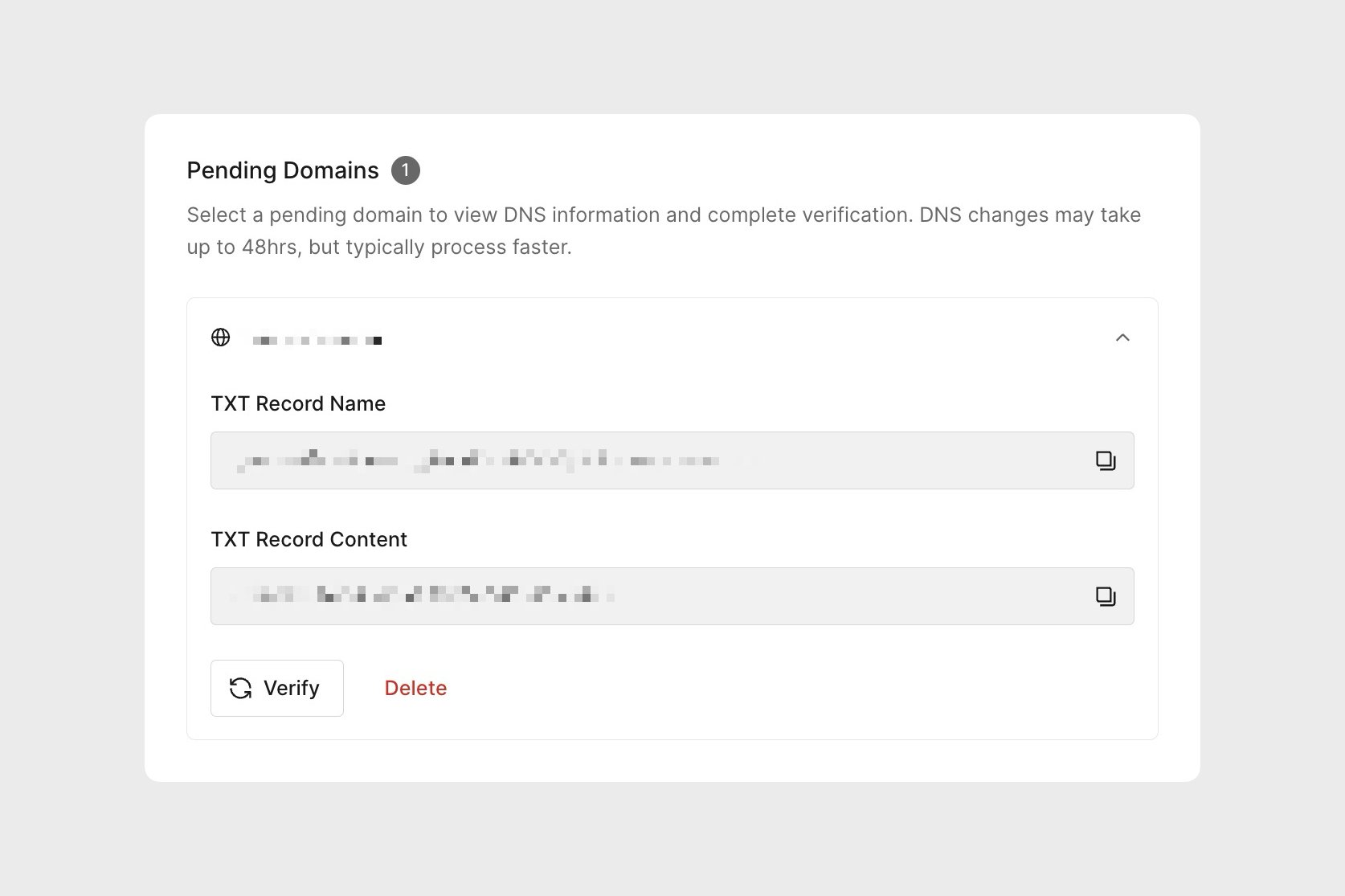 A pending domain showing the TXT Record Name and TXT Record Content fields with Verify and Delete buttons