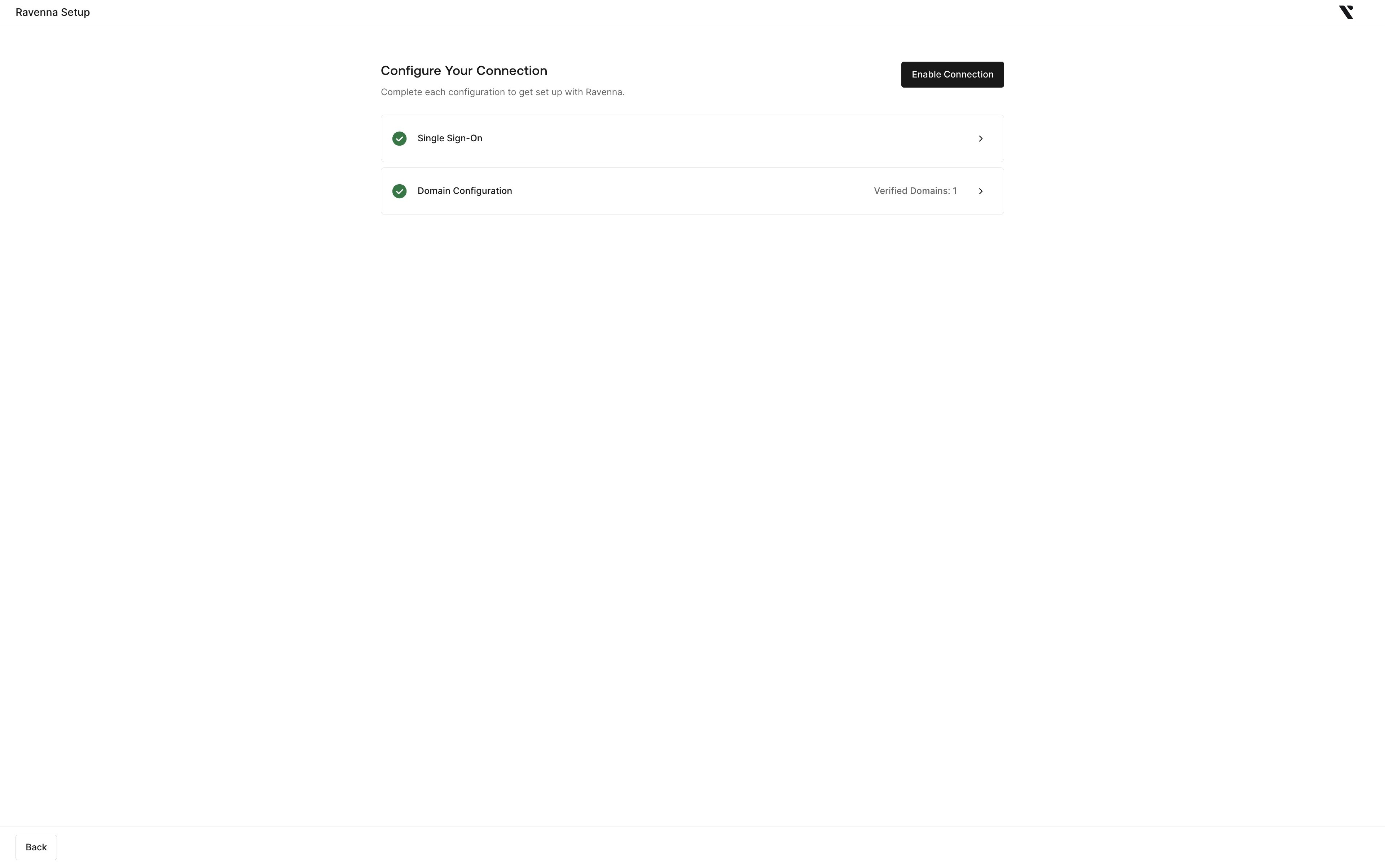 The Configure Your Connection page with Single Sign-On and Domain Configuration complete and Enable Connection available