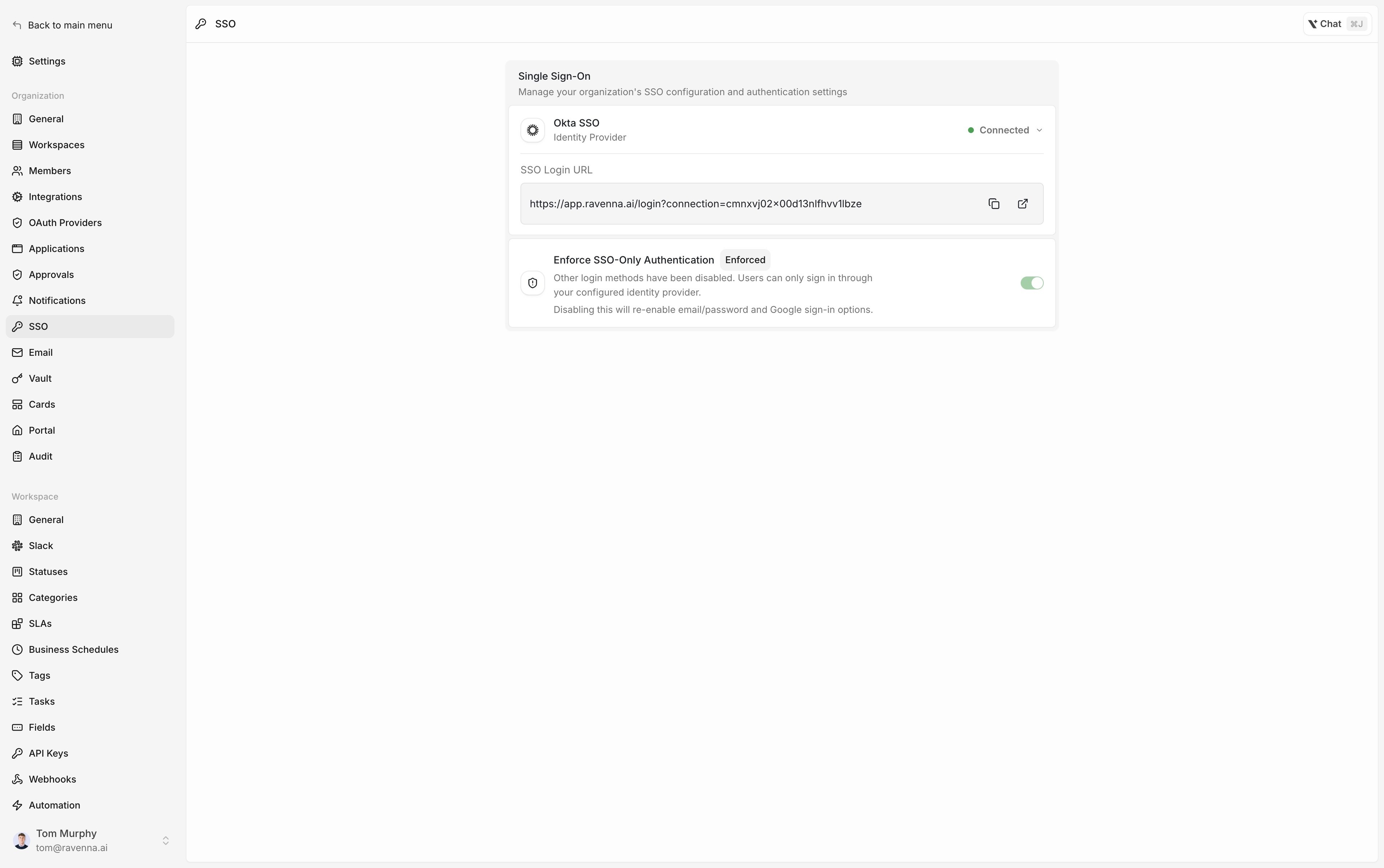 Okta example: the SSO settings page showing Okta SSO as Connected, the SSO login URL, and Enforce SSO-Only Authentication marked Enforced
