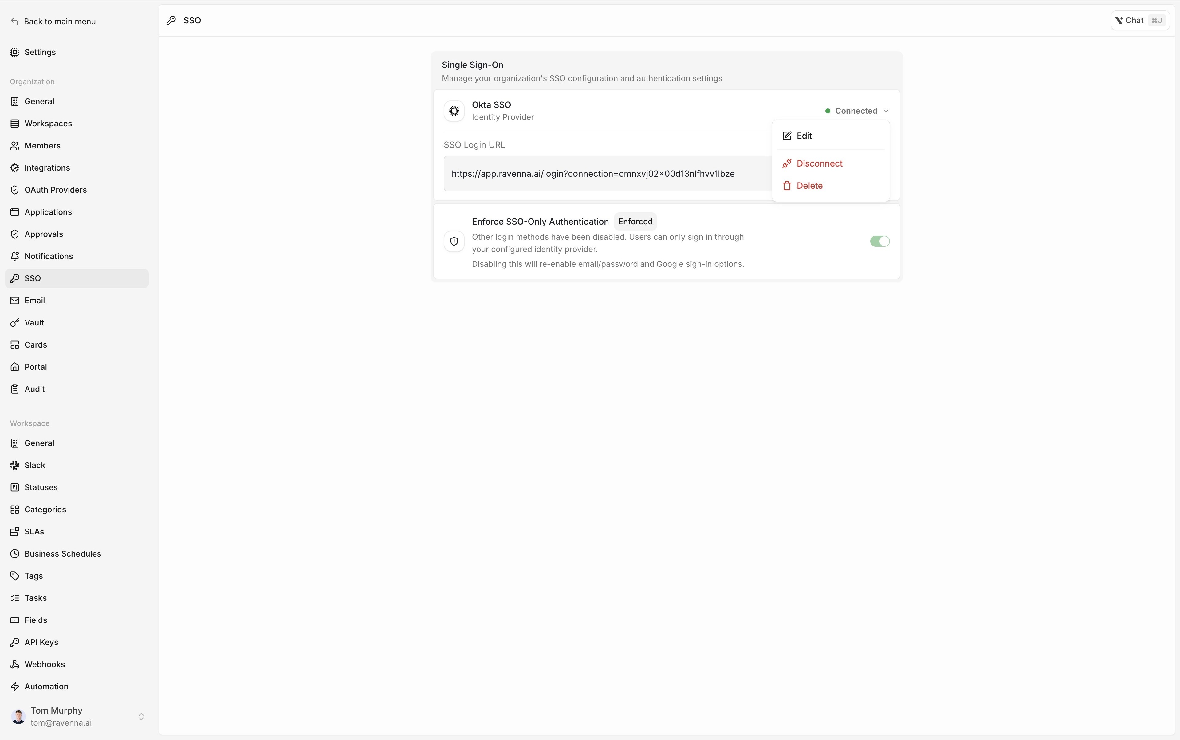 The Connected dropdown open with Edit, Disconnect, and Delete options
