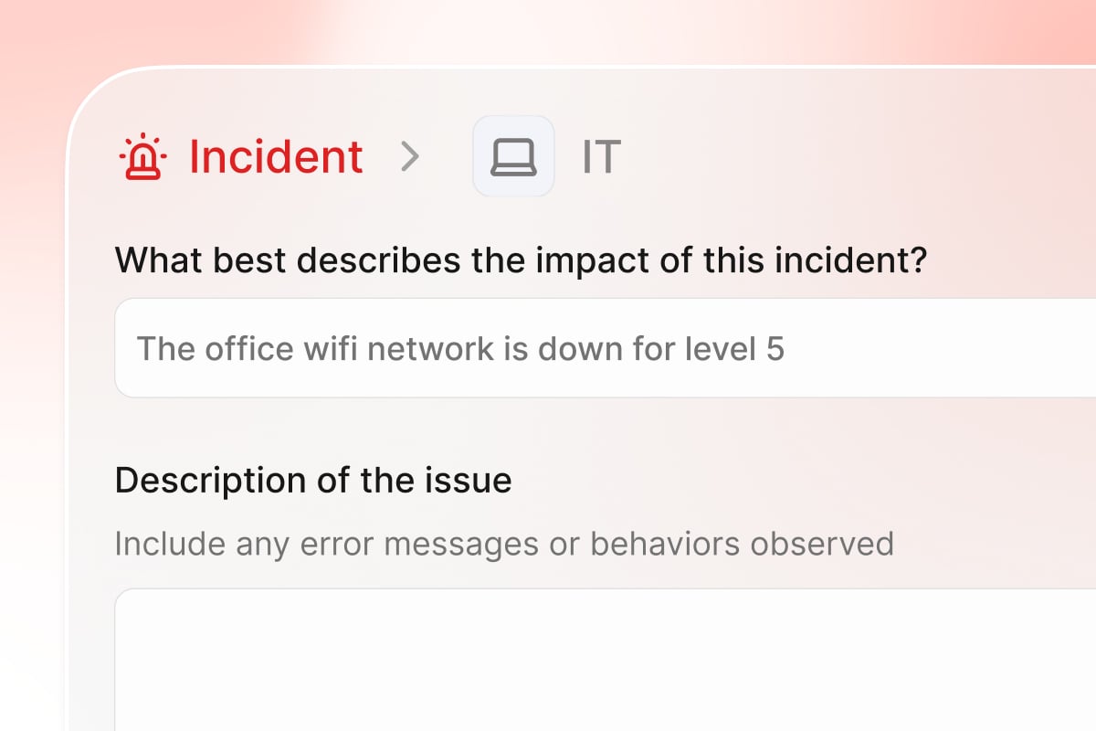 The Create incident form in the IT workspace, asking what best describes the impact of the incident, on a soft gradient background