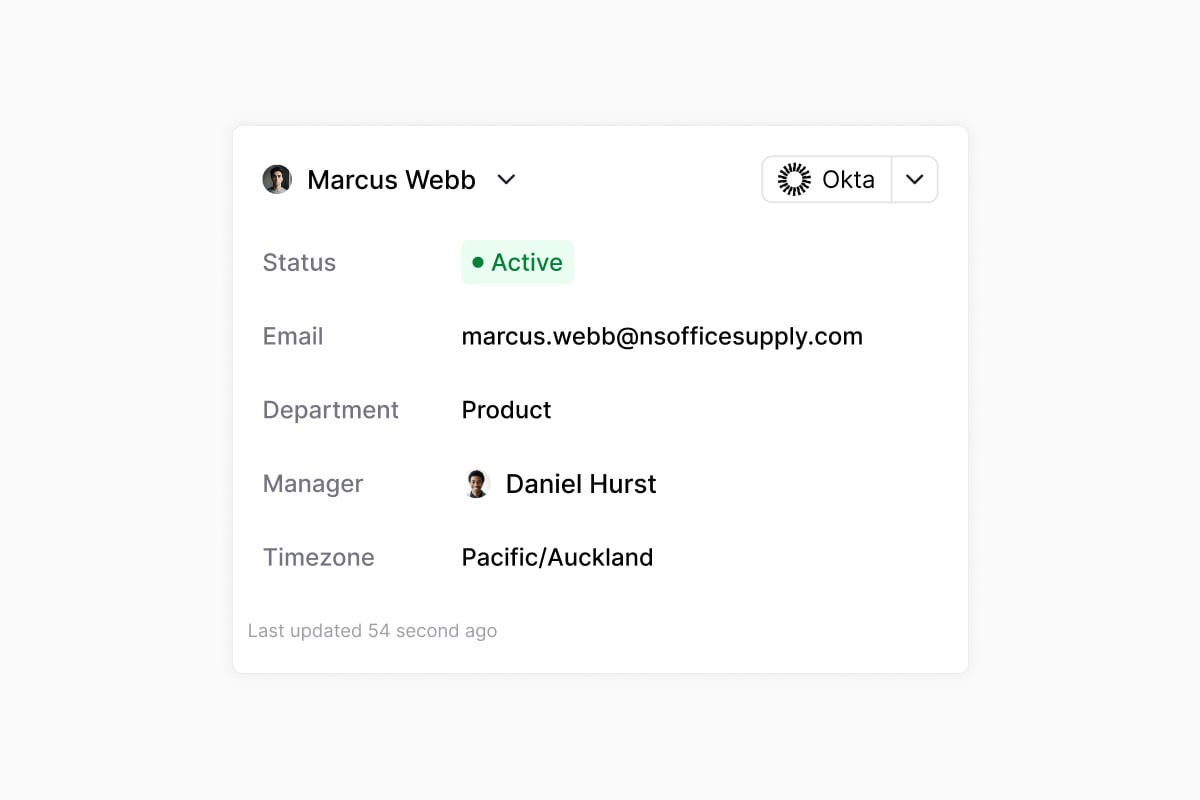 Okta requester card on the ticket sidebar showing status, email, department, manager, and timezone