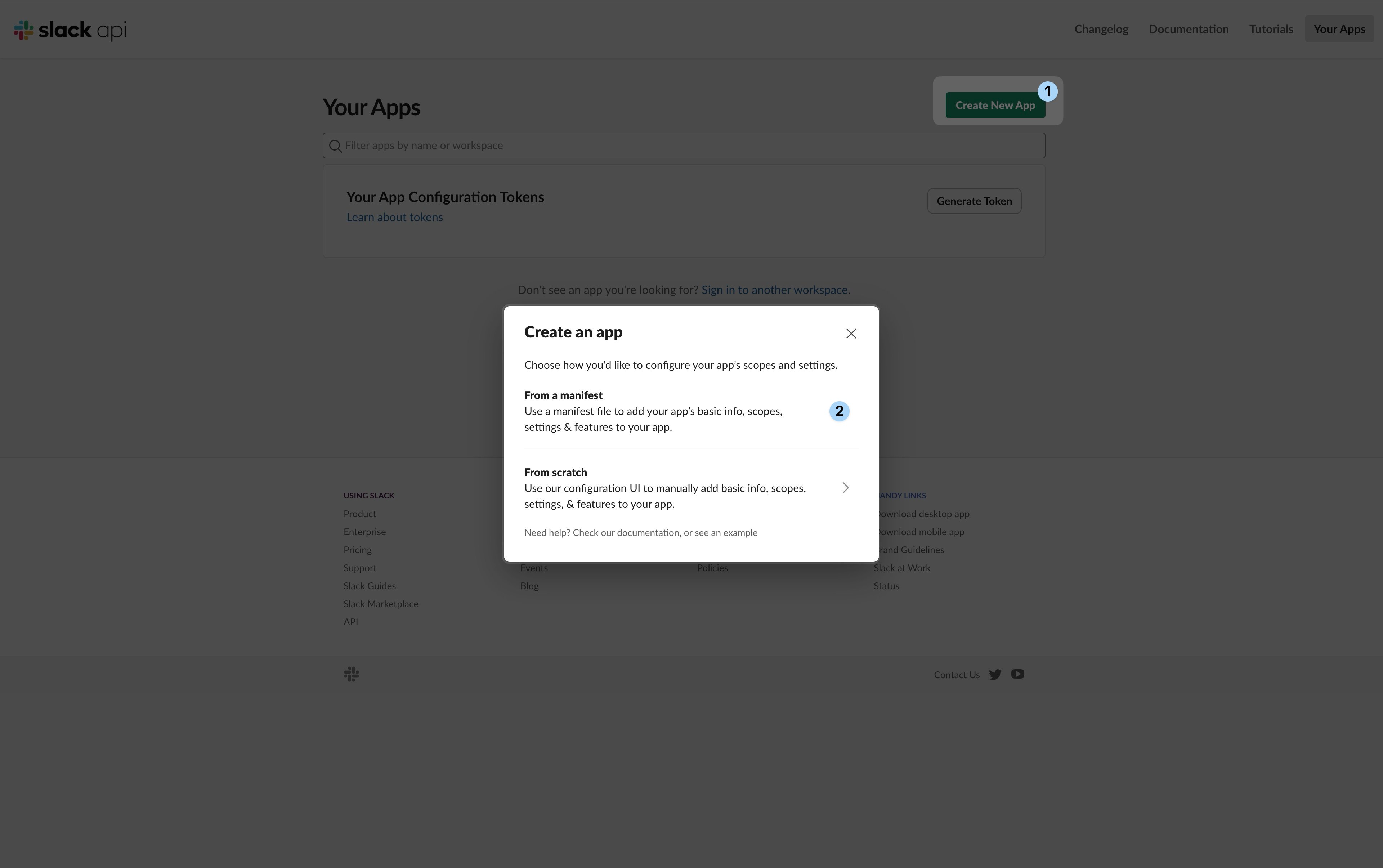 Create an app dialog with the From a manifest option selected