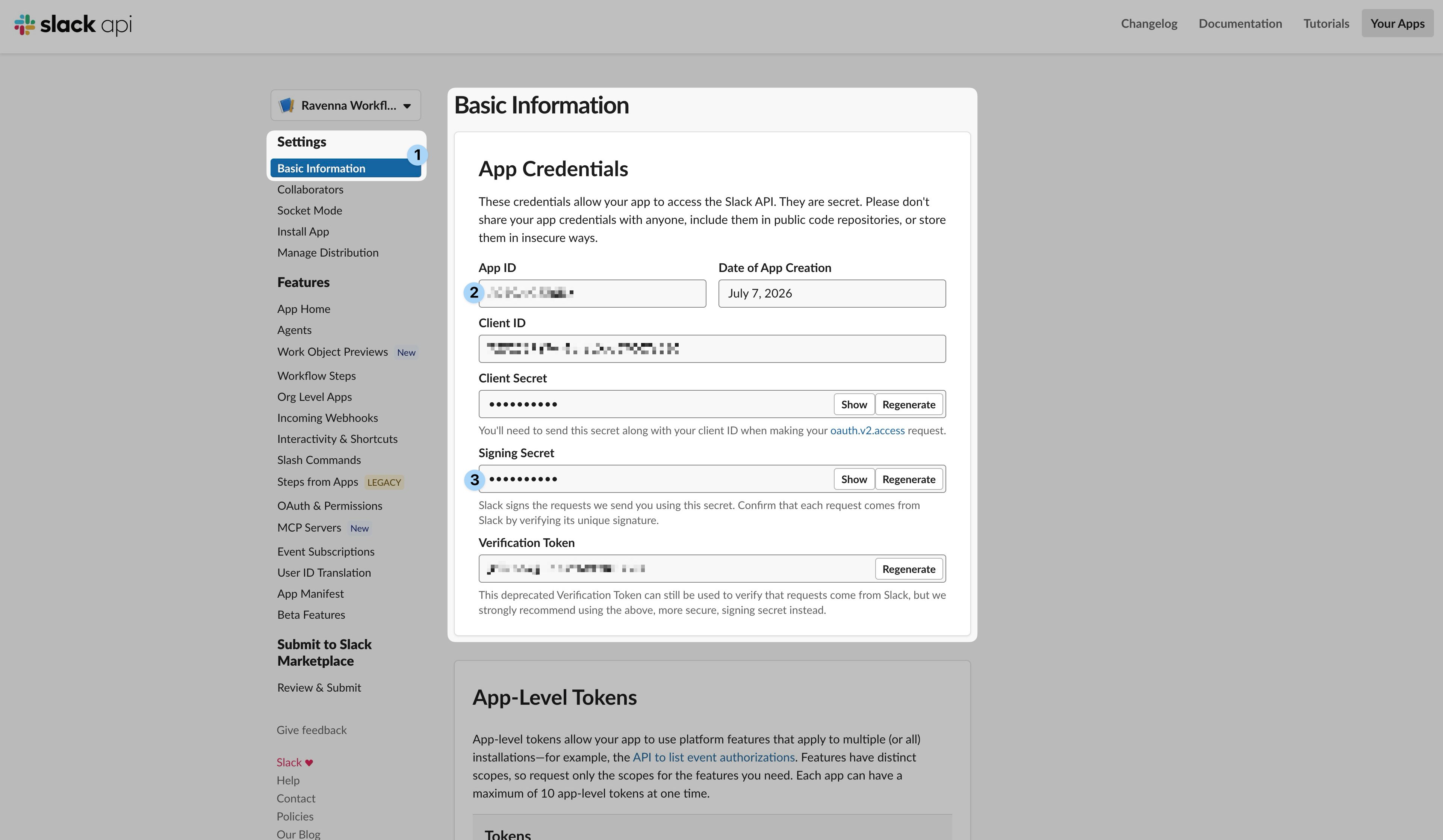 Slack Basic Information page showing the App ID and Signing Secret