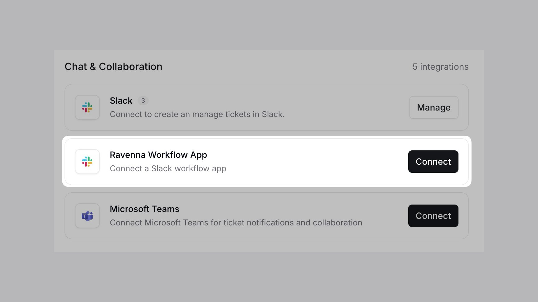 Ravenna Integrations page with the Workflow App tile and Connect dialog