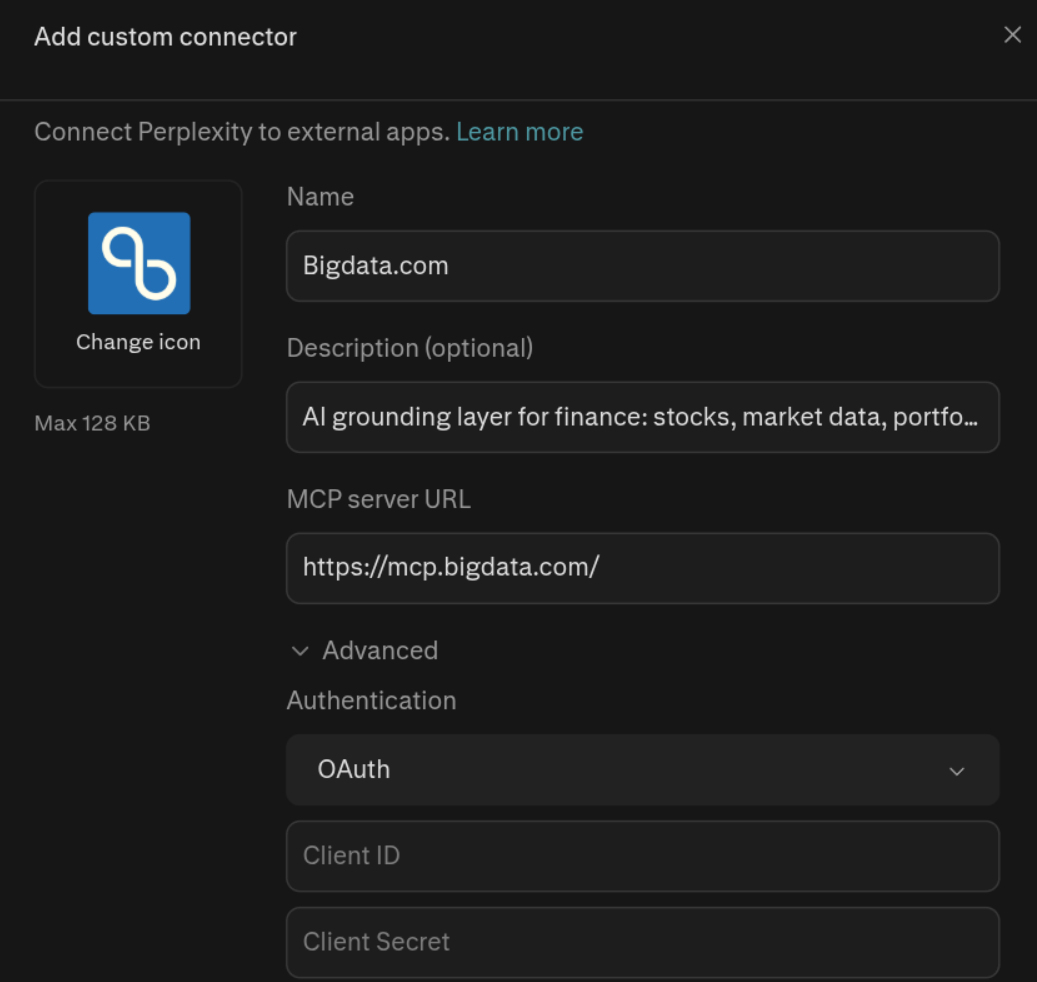 Bigdata.com MCP connector configuration in Perplexity