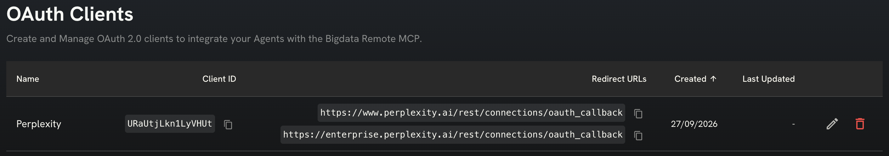 Perplexity OAuth client created